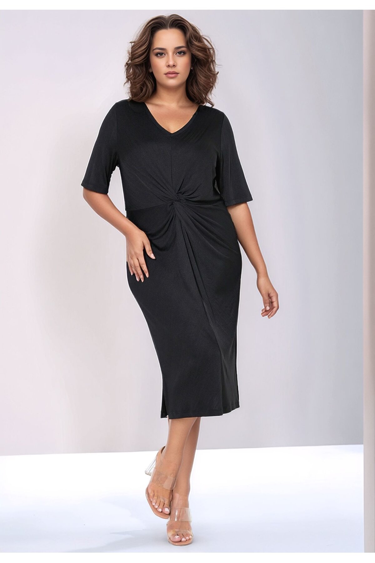 Kadın V Yaka Büyük Beden Önden Düğümlü  Asimetrik Kesim Truvakar Kol Şık Curve Abiye Elbise