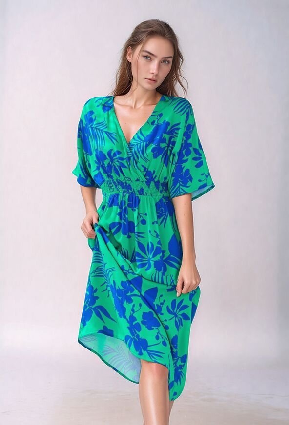 Kadın Çiçek Desen Şık Pamuk Yarım Volanlı Kol V Yaka Beli Lastikli Yazlık Curve Büyük Beden Elbise