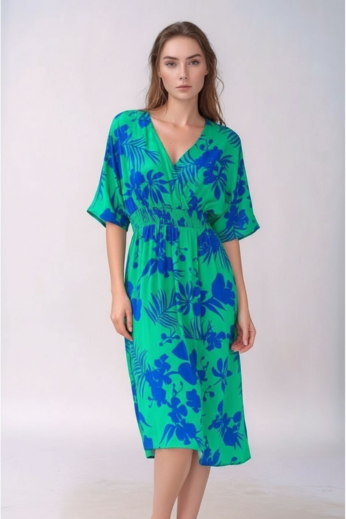 Kadın Çiçek Desen Şık Pamuk Yarım Volanlı Kol V Yaka Beli Lastikli Yazlık Curve Büyük Beden Elbise