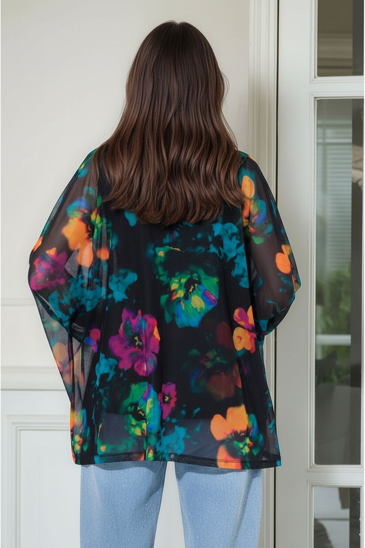 Kadın Çiçek Desenli Yarım Balıkçı Büyük Beden Curve Spor Şık Uzun Kol Atletli Tül Bluz