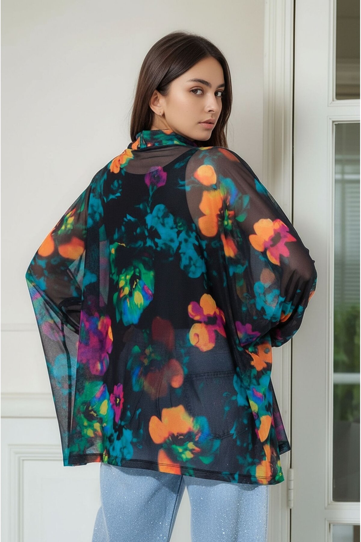 Kadın Çiçek Desenli Yarım Balıkçı Büyük Beden Curve Spor Şık Uzun Kol Atletli Tül Bluz