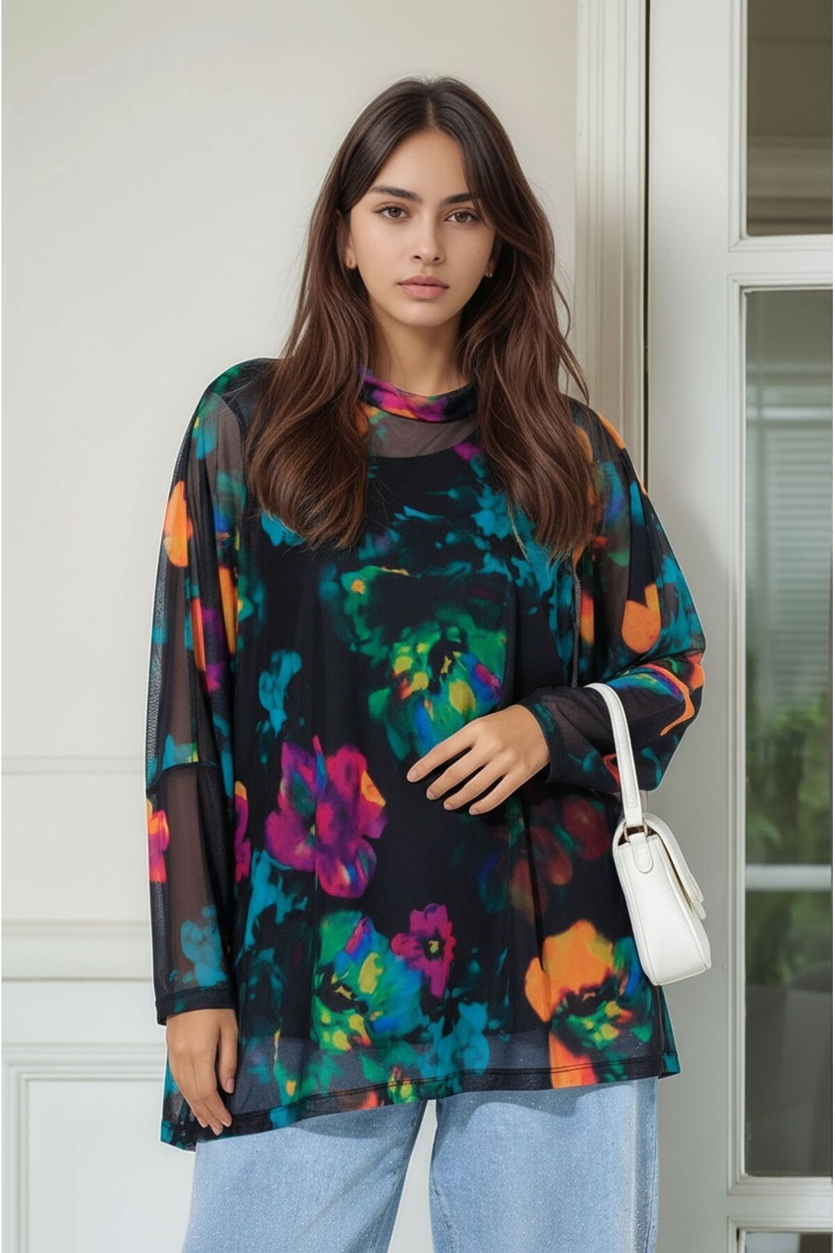 Kadın Çiçek Desenli Yarım Balıkçı Büyük Beden Curve Spor Şık Uzun Kol Atletli Tül Bluz