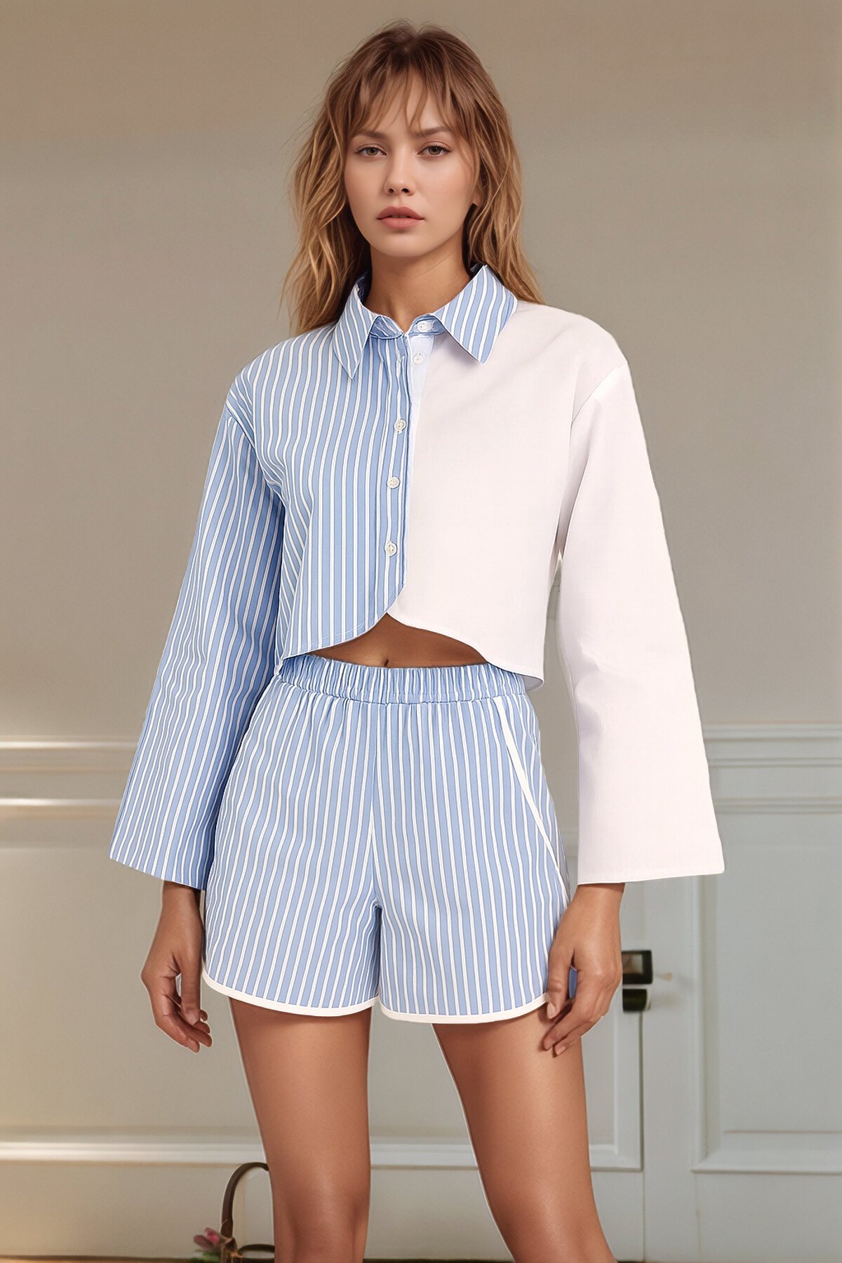 Kadın Çizgili Asimetrik Kesim İspanyol Kol Önden Düğmeli Spor Şık Tasarım Şort Gömlek Takım