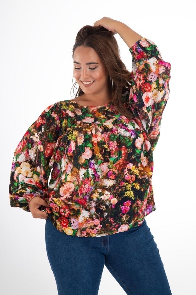 Kadın Curve Büyük Beden Önü Çiçek Drapeli Uzun Kol Spor Şık Bluz