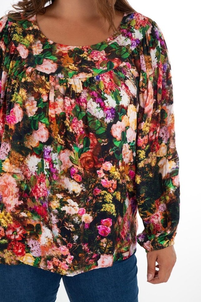 Kadın Curve Büyük Beden Önü Çiçek Drapeli Uzun Kol Spor Şık Bluz