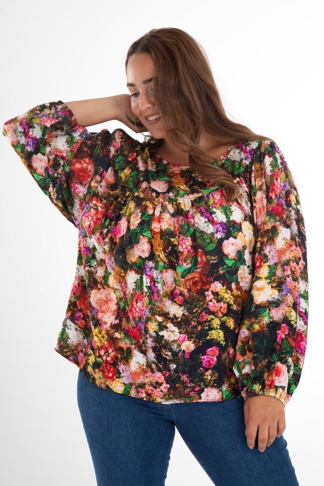 Kadın Curve Büyük Beden Önü Çiçek Drapeli Uzun Kol Spor Şık Bluz