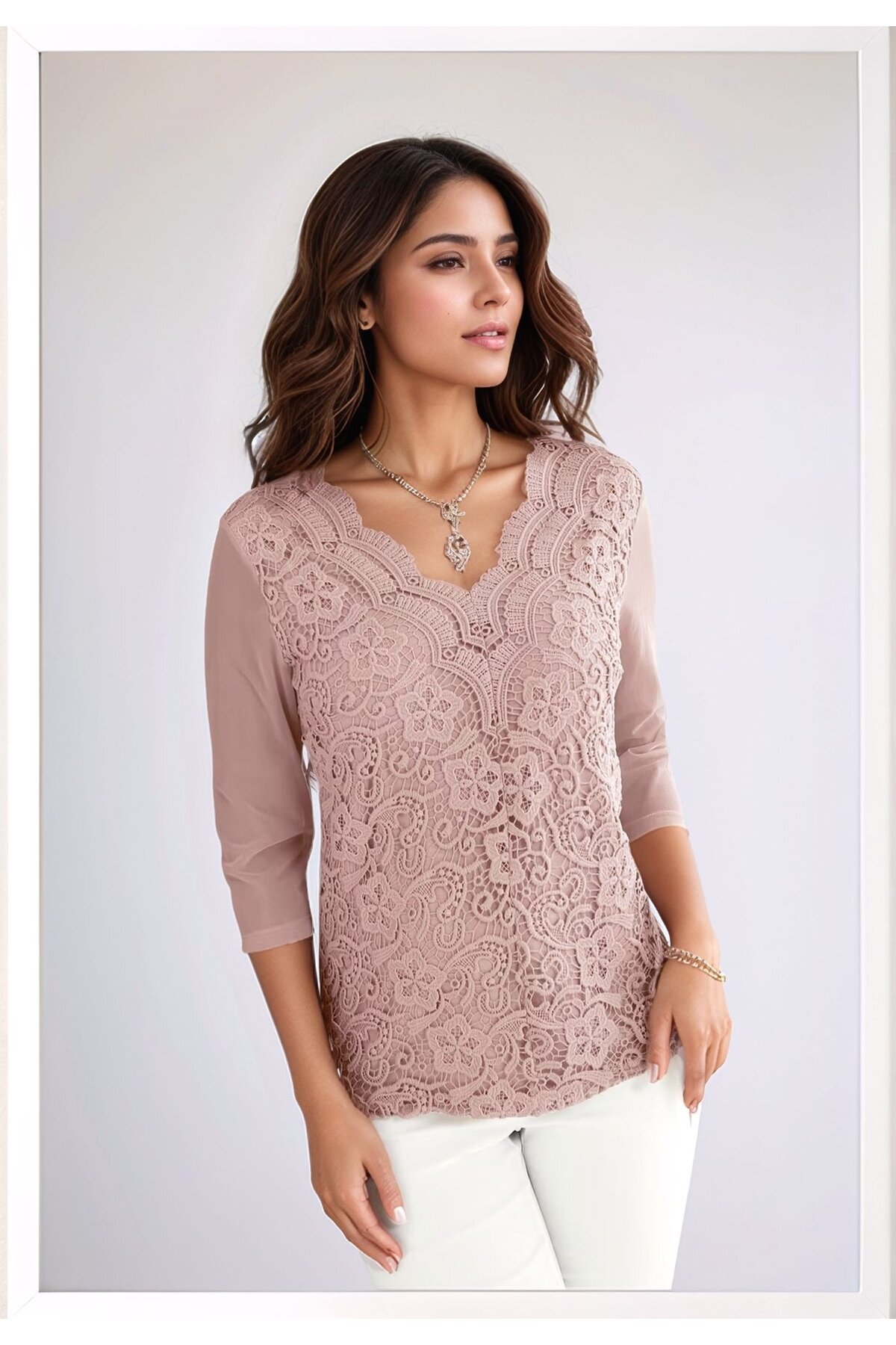 Kadın Curve Büyük Beden Önü Çiçek Güpürlü Kolları Tül Spor Şık Bluz