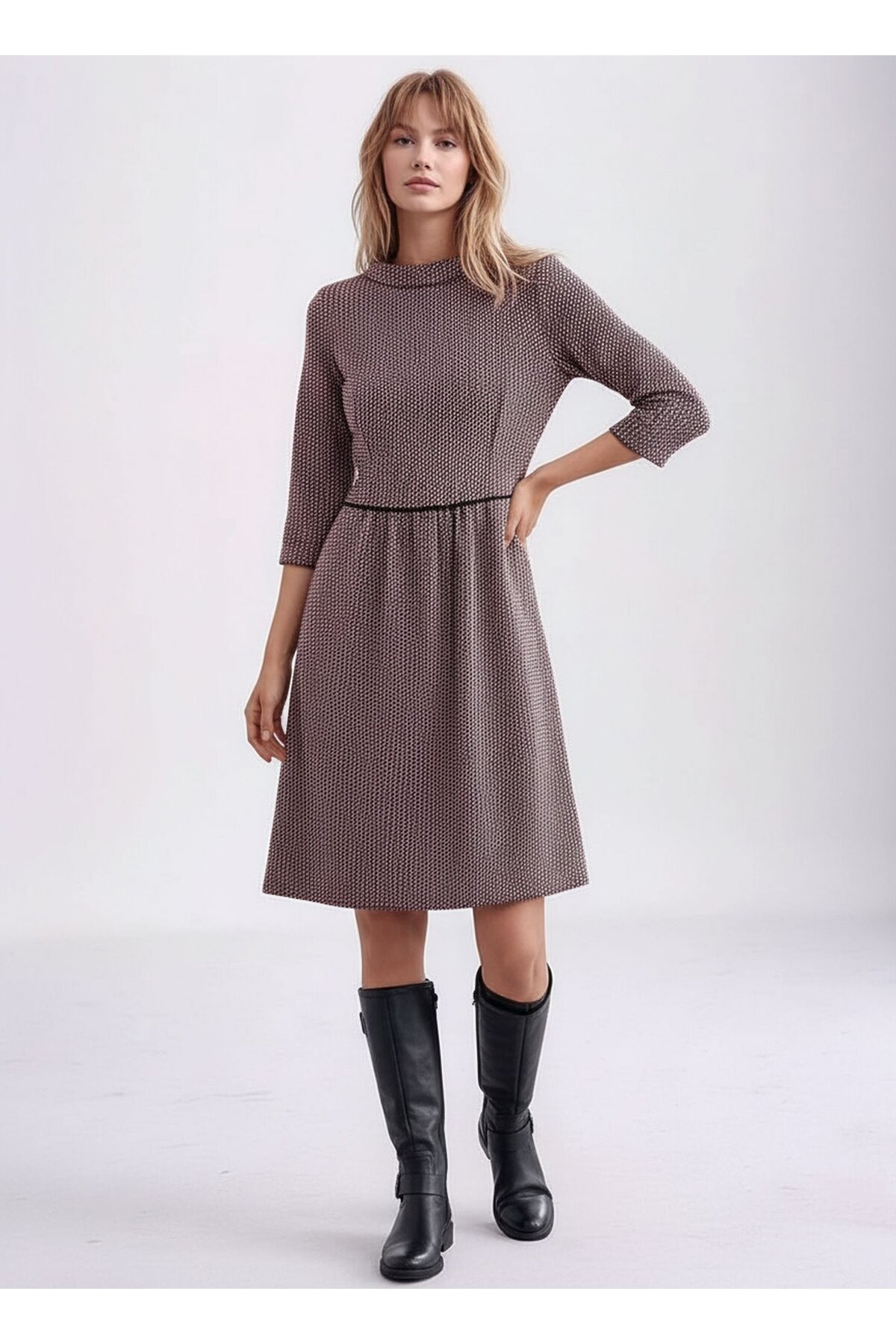 Kadın Degaje Yaka Uzun Kollu Cepli Büyük Beden Curve Şık Elbisesi