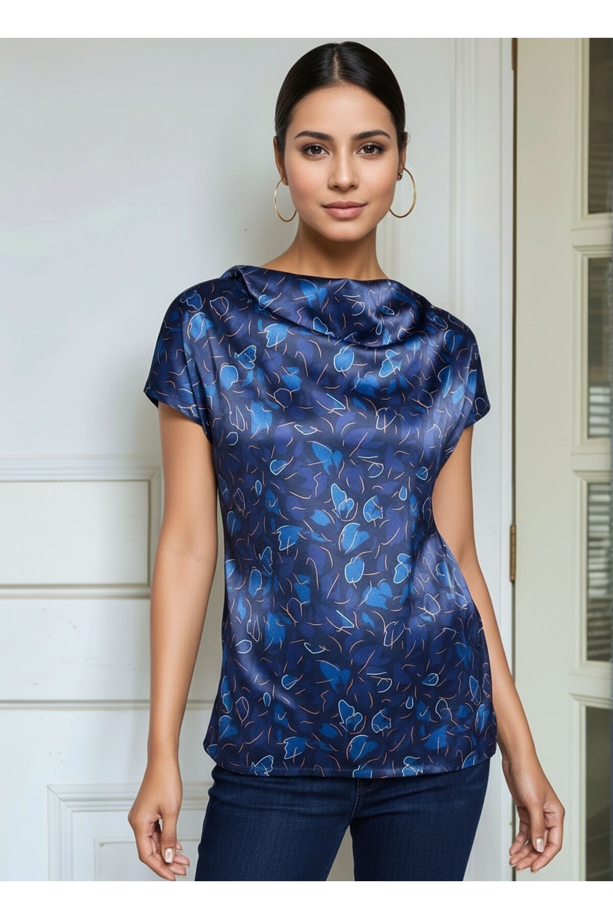 Kadın Degaye Yaka Saten Viskon Kısa Kol Spor Şık Desenli Bluz