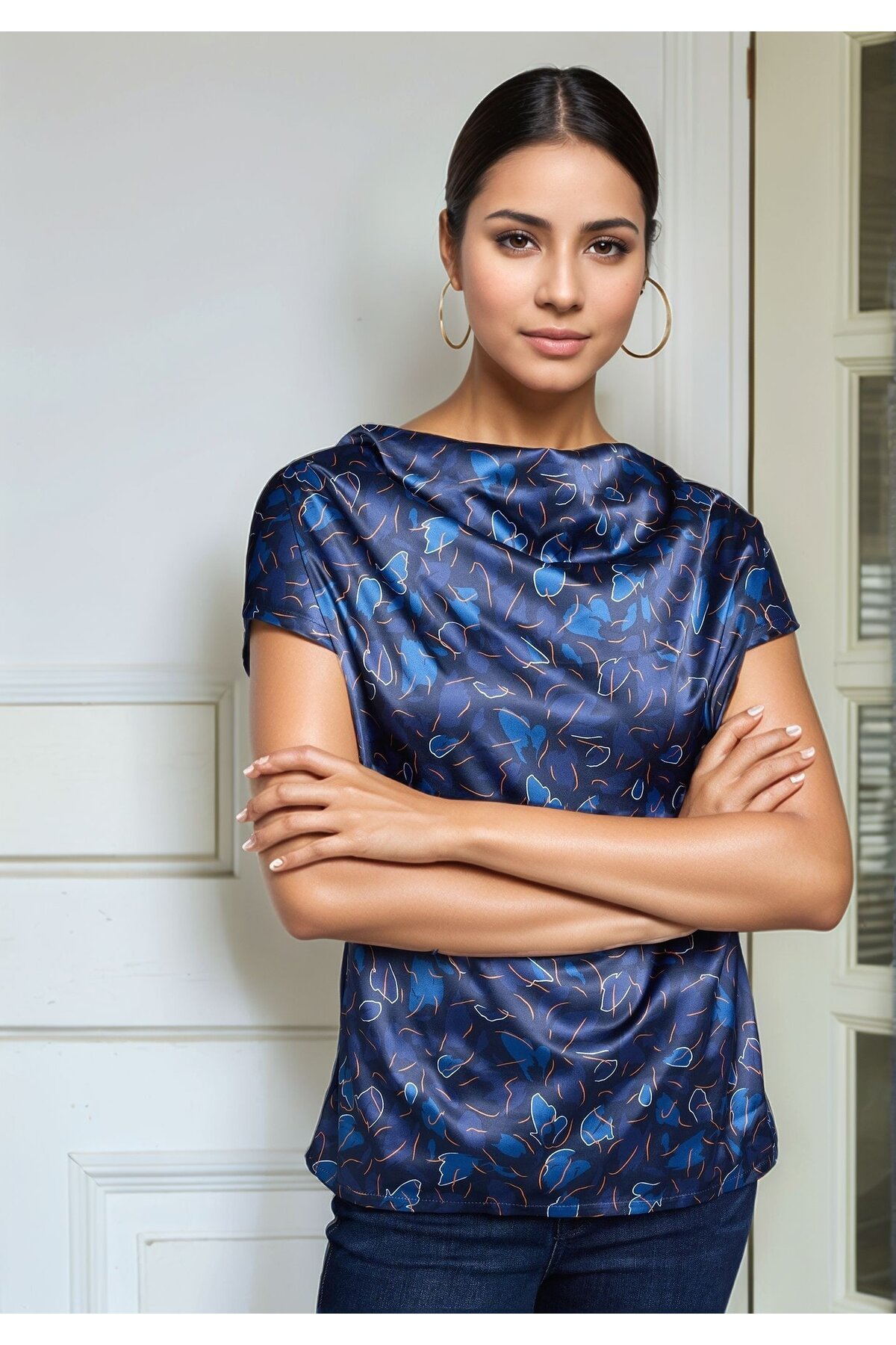 Kadın Degaye Yaka Saten Viskon Kısa Kol Spor Şık Desenli Bluz