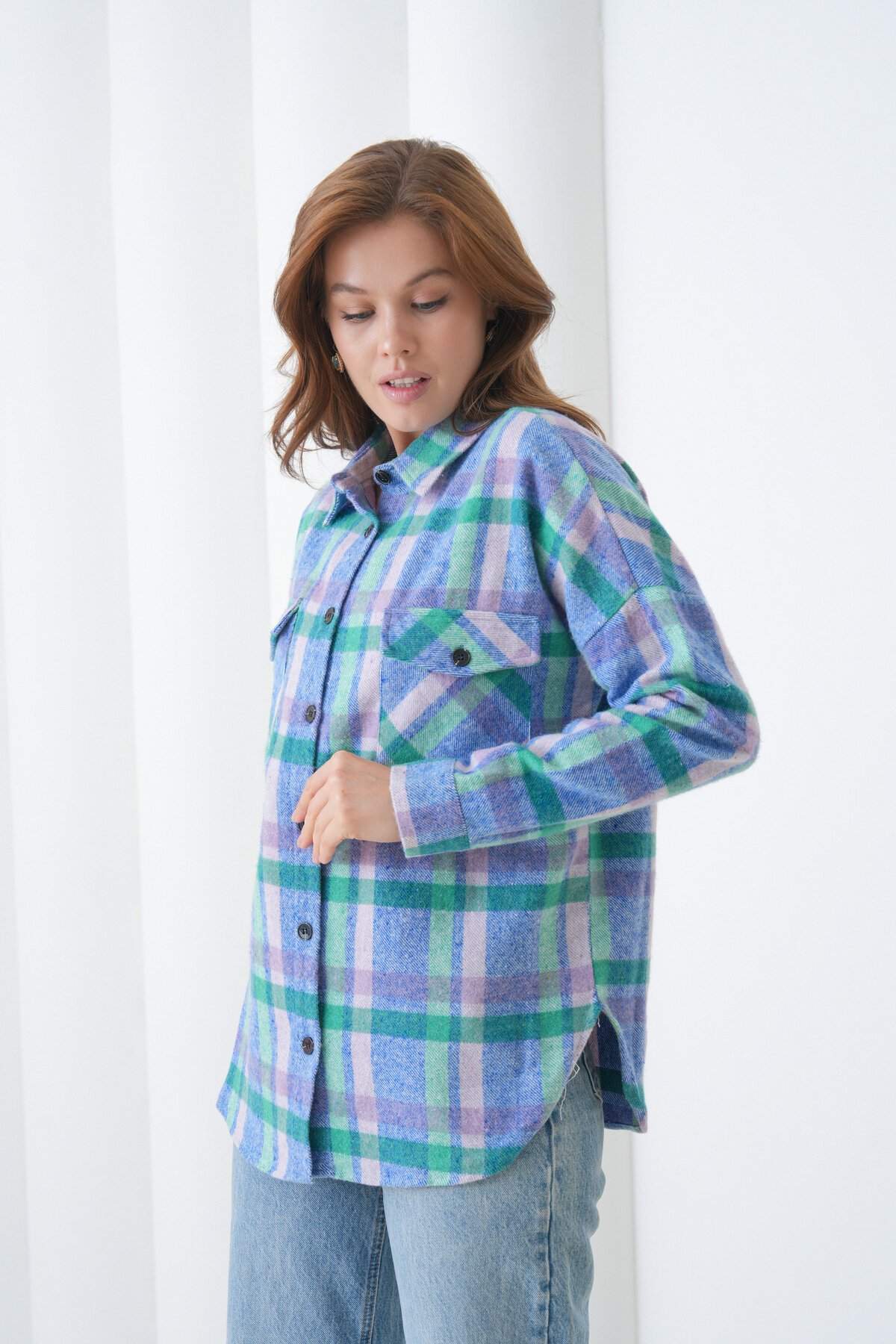 Kadın Desen Bloklu Oduncu Oversize Bol ve Geniş Kalıp Casual Cepli Yakalı Ceket Gömlek