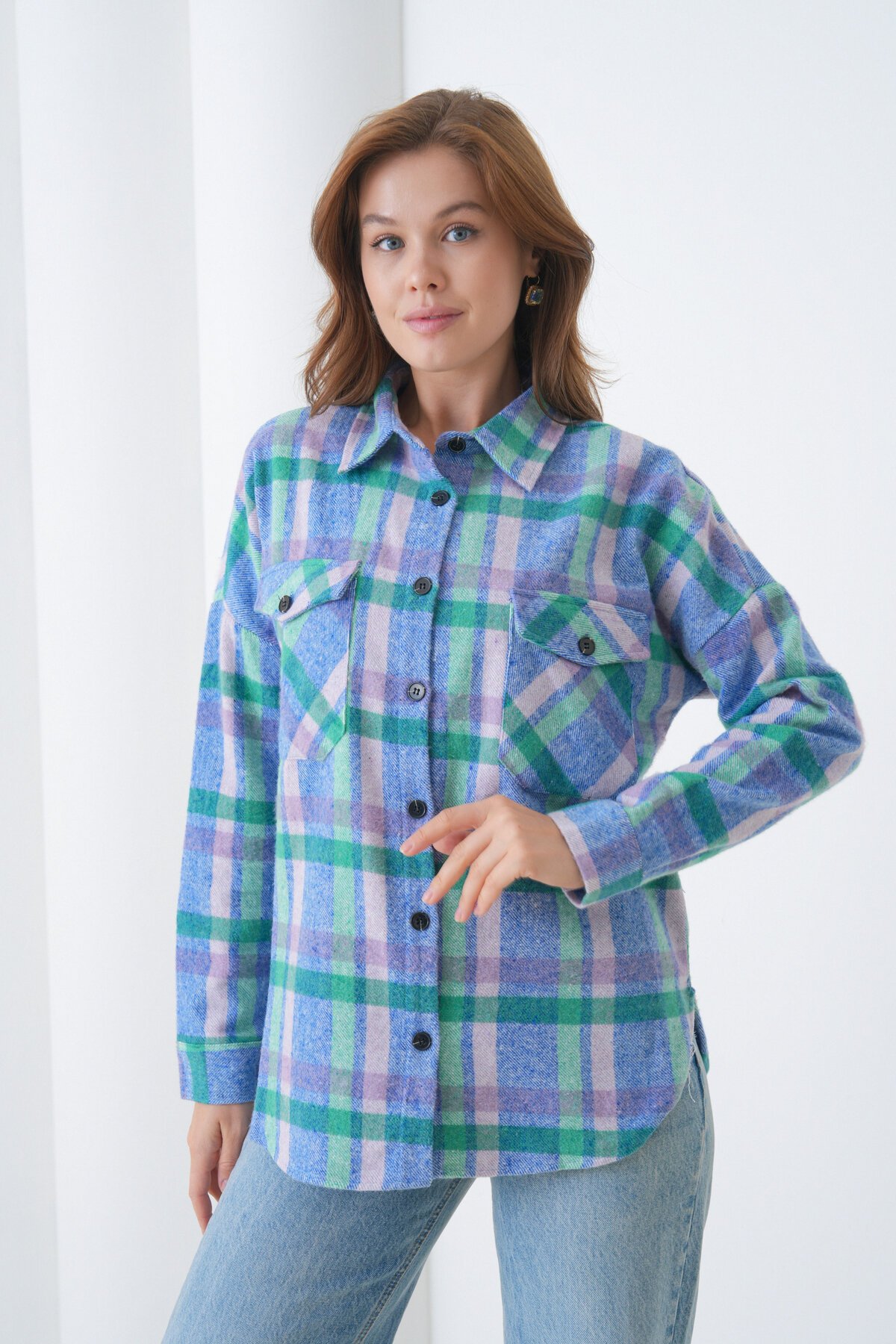 Kadın Desen Bloklu Oduncu Oversize Bol ve Geniş Kalıp Casual Cepli Yakalı Ceket Gömlek