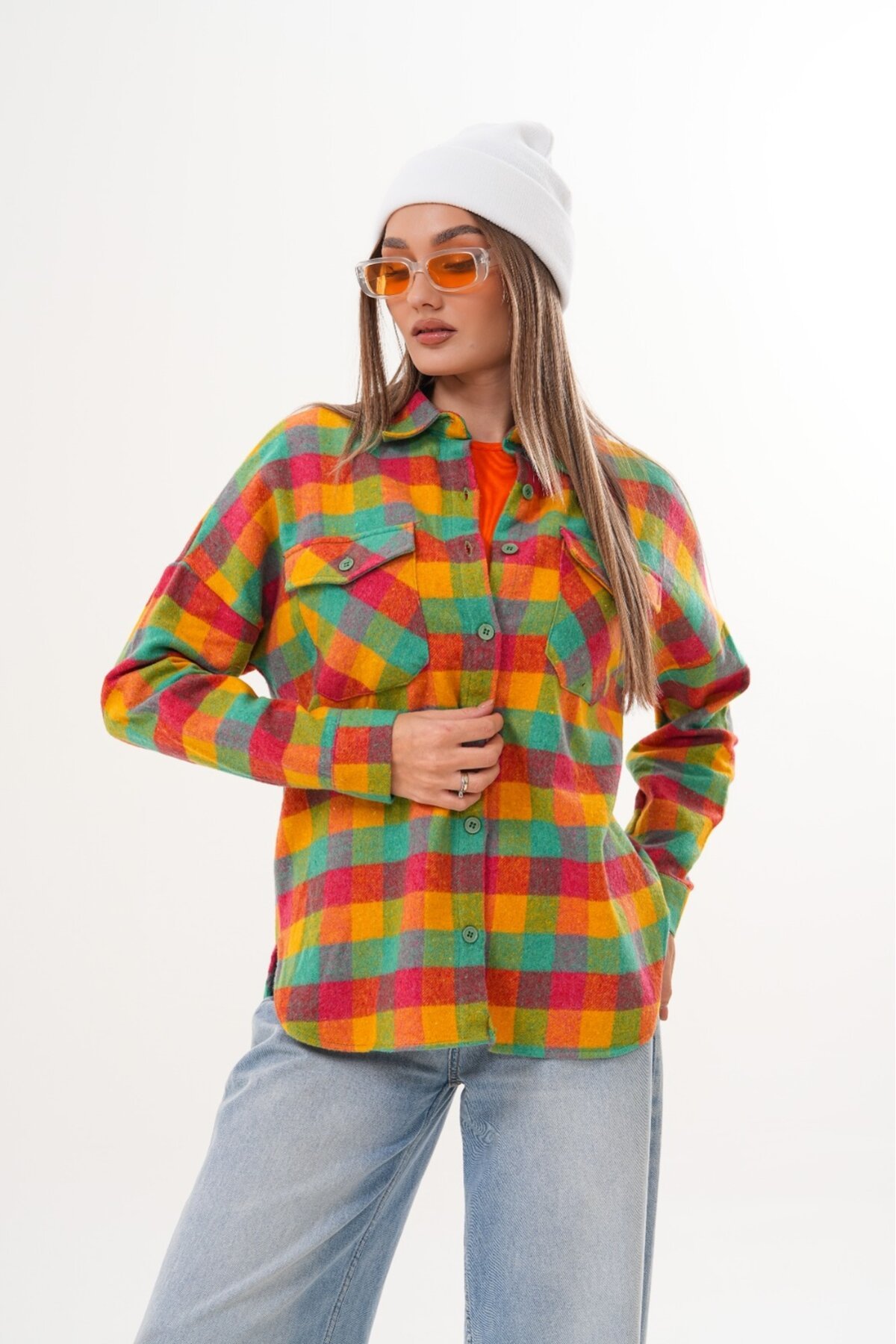 Kadın Desen Bloklu Oduncu Oversize Bol ve Geniş Kalıp Casual Cepli Yakalı Ceket Gömlek