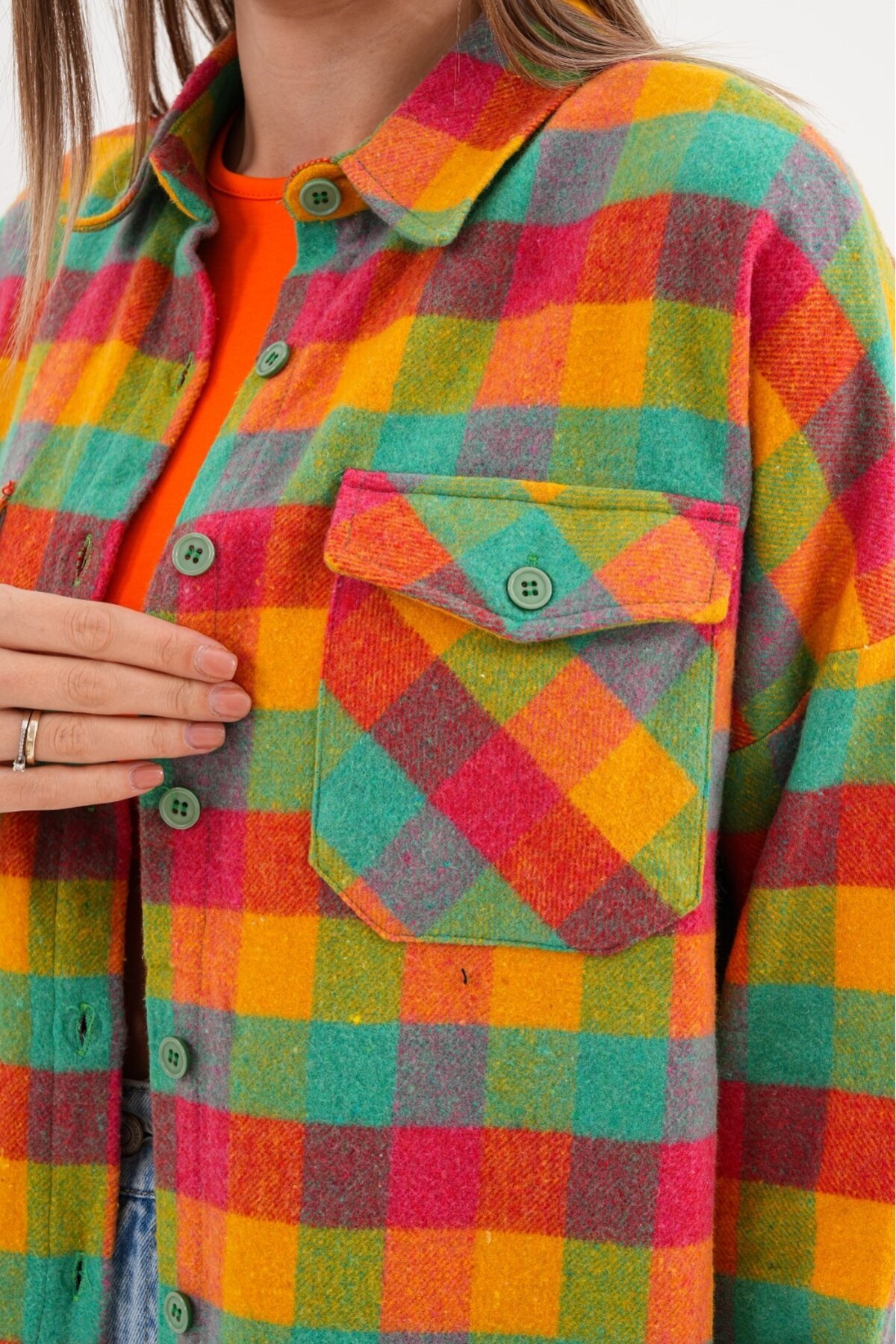 Kadın Desen Bloklu Oduncu Oversize Bol ve Geniş Kalıp Casual Cepli Yakalı Ceket Gömlek