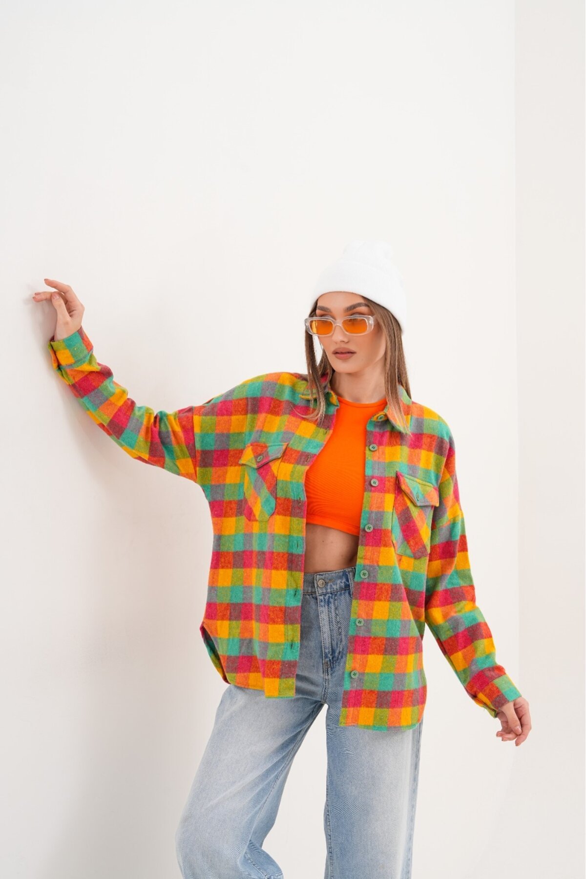 Kadın Desen Bloklu Oduncu Oversize Bol ve Geniş Kalıp Casual Cepli Yakalı Ceket Gömlek