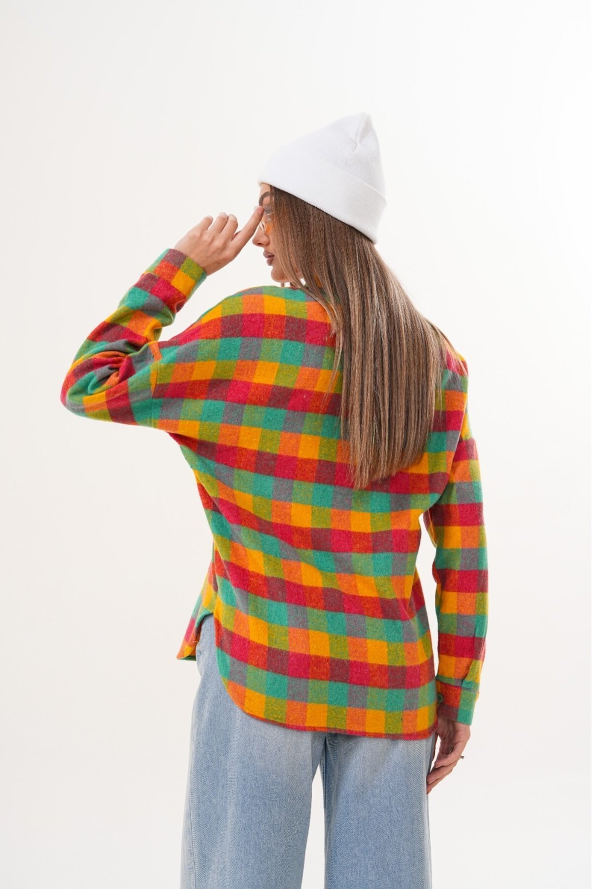 Kadın Desen Bloklu Oduncu Oversize Bol ve Geniş Kalıp Casual Cepli Yakalı Ceket Gömlek