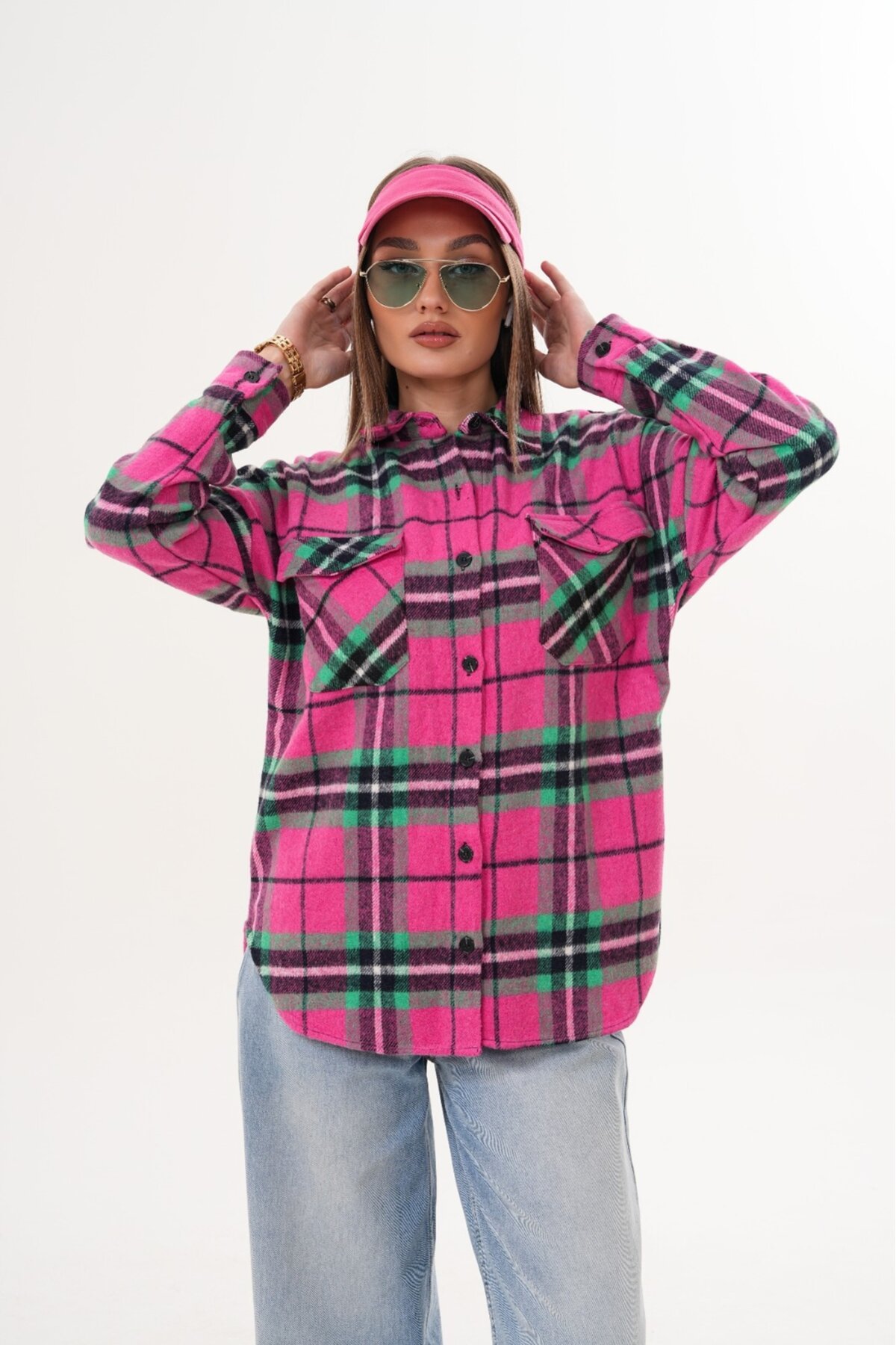 Kadın Desen Bloklu Oduncu Oversize Bol ve Geniş Kalıp Casual Cepli Yakalı Ceket Gömlek