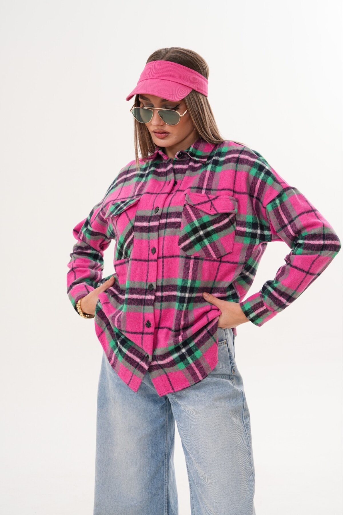 Kadın Desen Bloklu Oduncu Oversize Bol ve Geniş Kalıp Casual Cepli Yakalı Ceket Gömlek