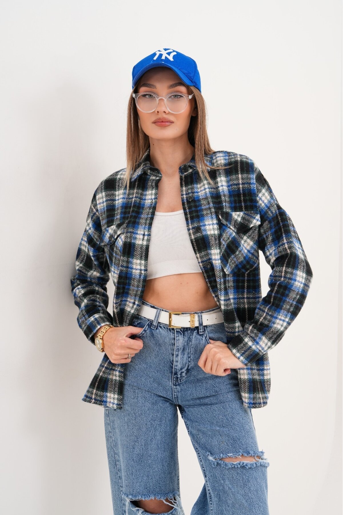 Kadın Desen Bloklu Oduncu Oversize Bol ve Geniş Kalıp Casual Cepli Yakalı Ceket Gömlek