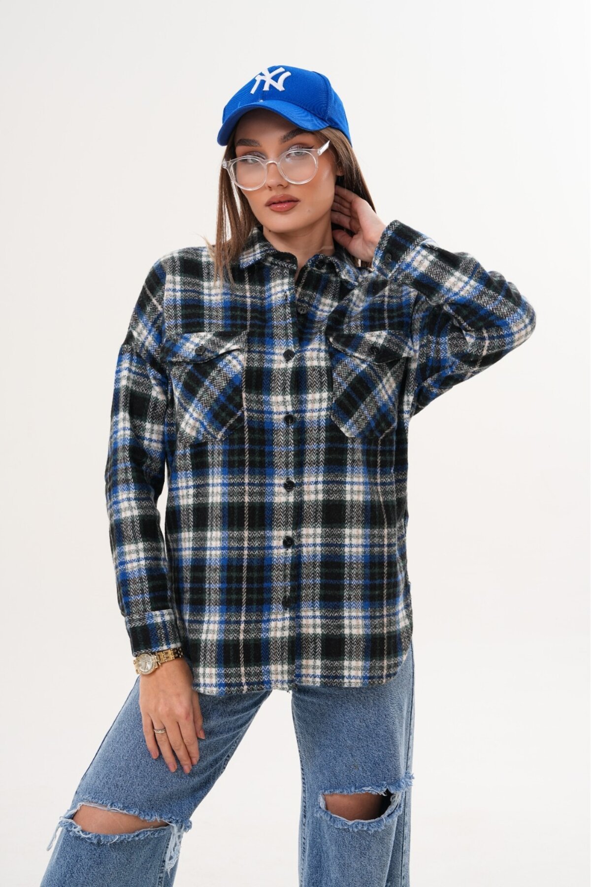 Kadın Desen Bloklu Oduncu Oversize Bol ve Geniş Kalıp Casual Cepli Yakalı Ceket Gömlek