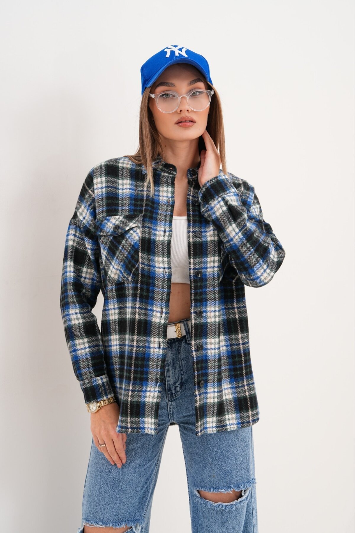 Kadın Desen Bloklu Oduncu Oversize Bol ve Geniş Kalıp Casual Cepli Yakalı Ceket Gömlek