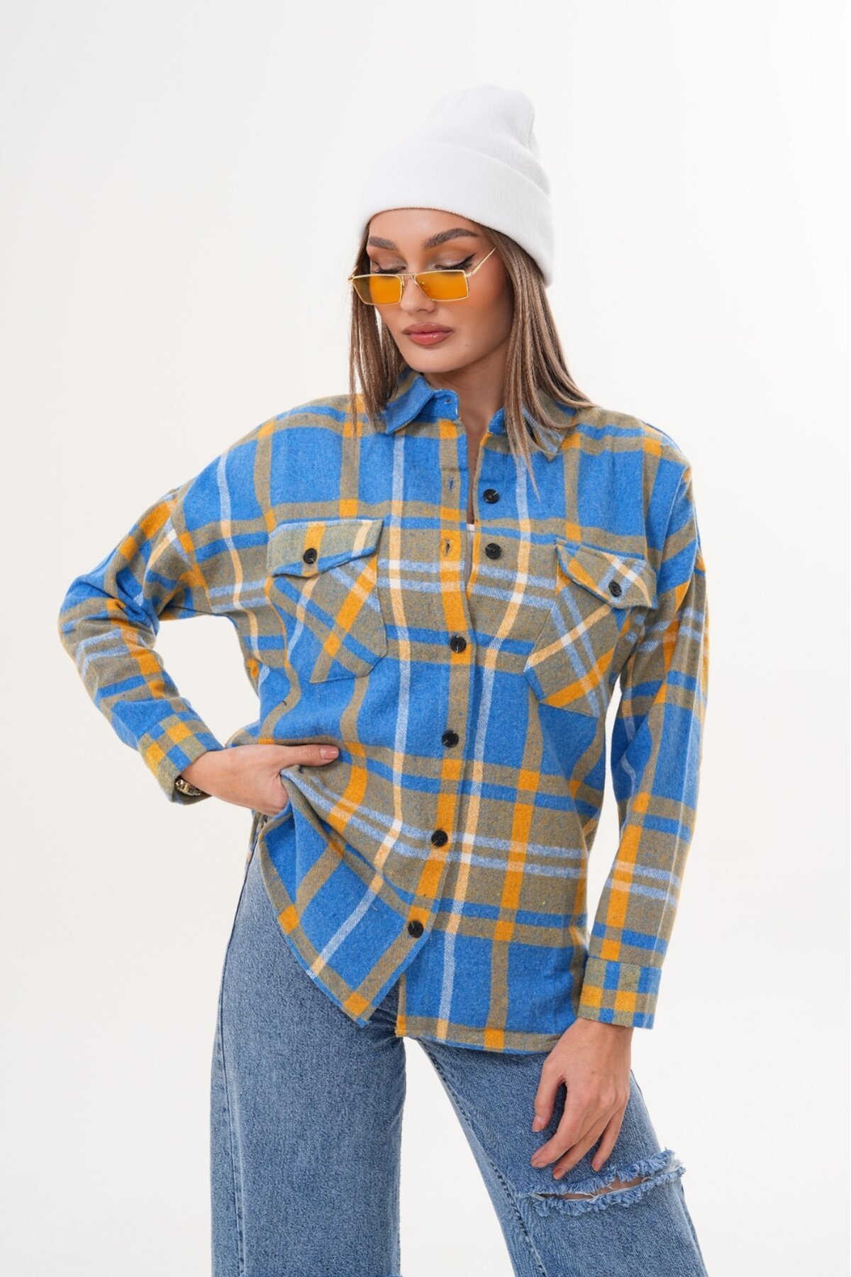 Kadın Desen Bloklu Oduncu Oversize Bol ve Geniş Kalıp Casual Cepli Yakalı Ceket Gömlek