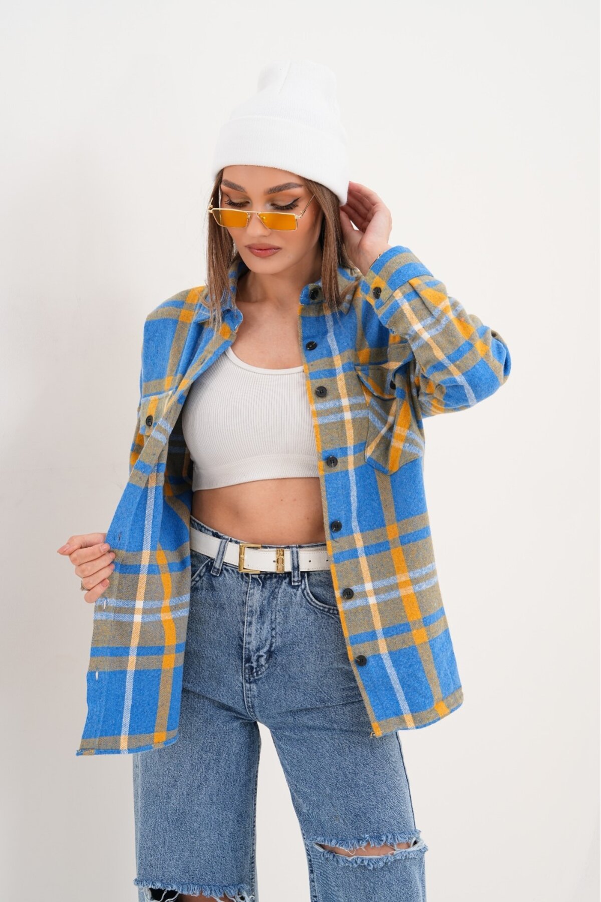 Kadın Desen Bloklu Oduncu Oversize Bol ve Geniş Kalıp Casual Cepli Yakalı Ceket Gömlek