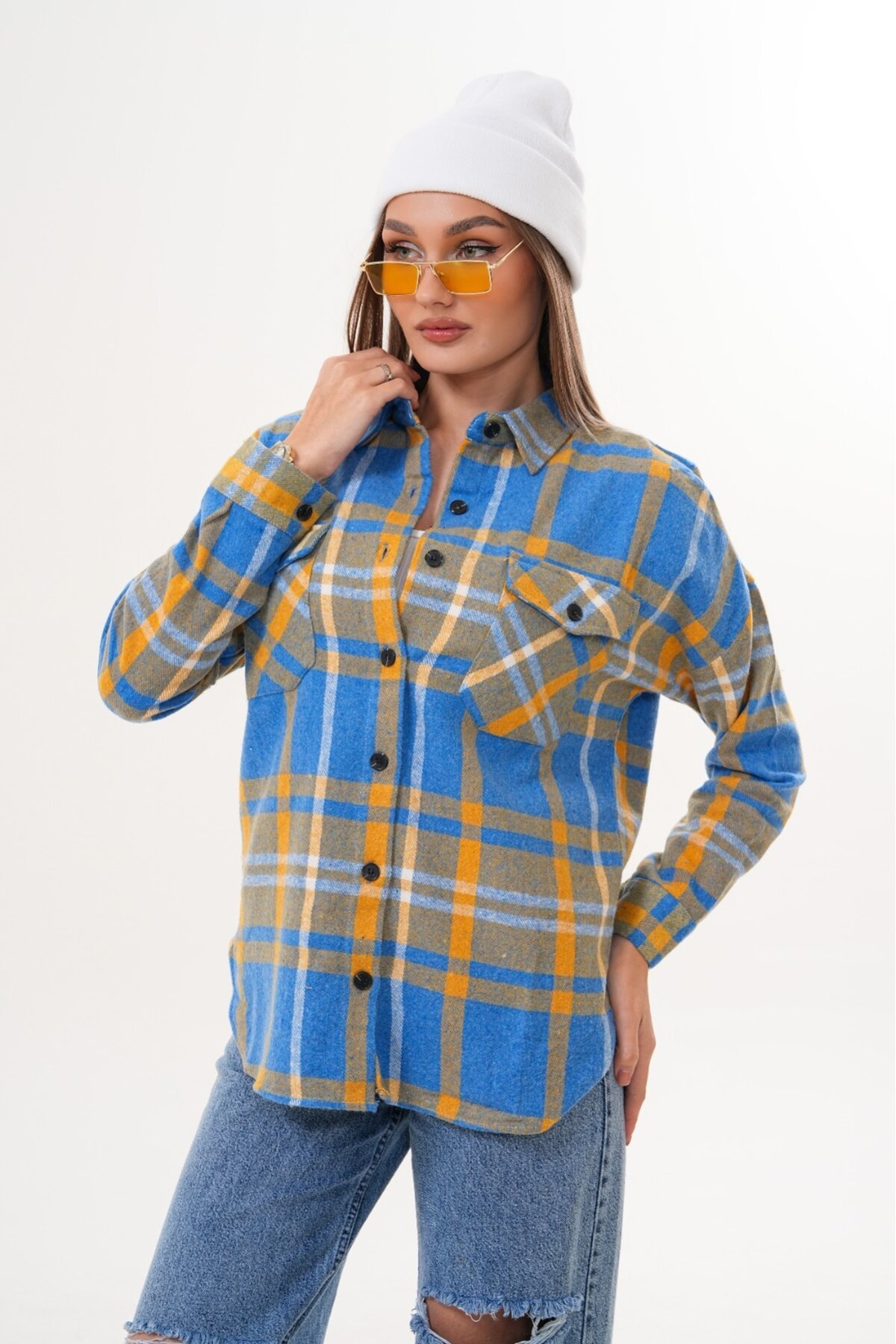 Kadın Desen Bloklu Oduncu Oversize Bol ve Geniş Kalıp Casual Cepli Yakalı Ceket Gömlek