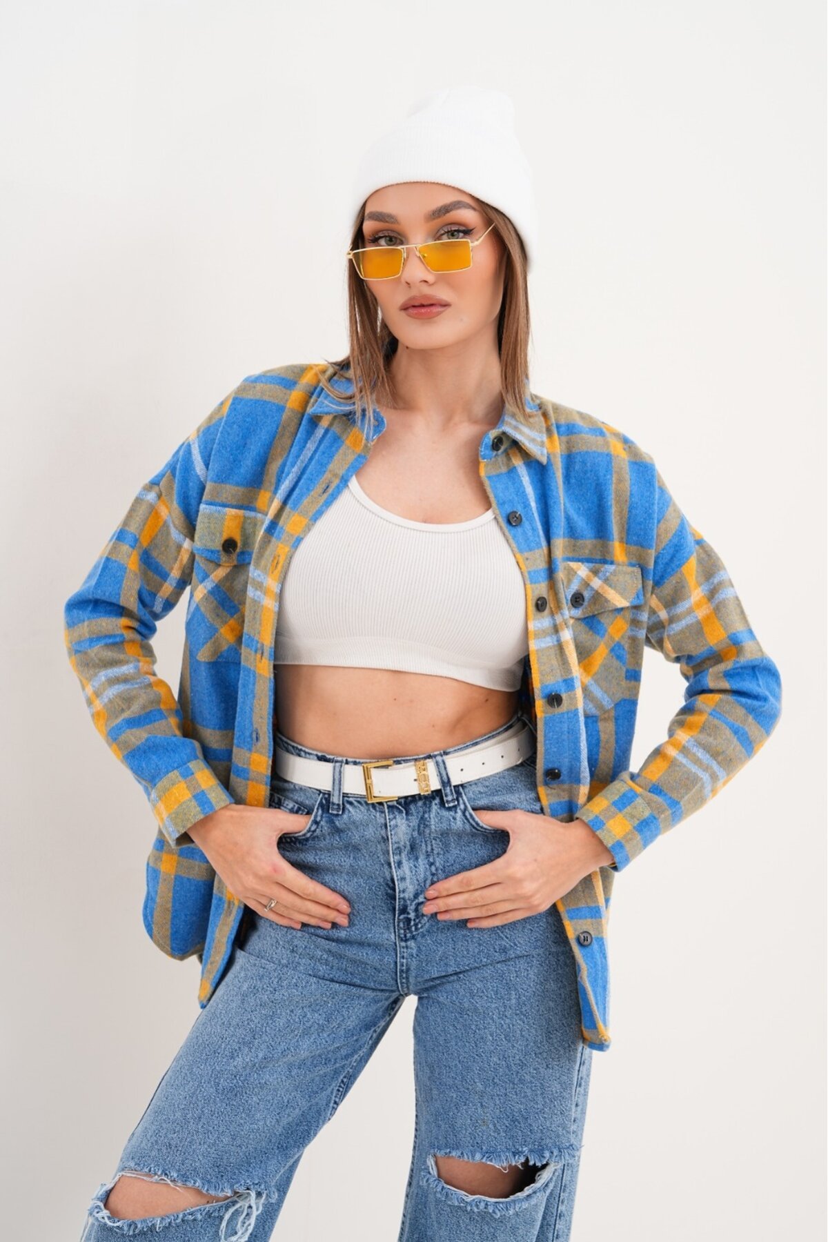 Kadın Desen Bloklu Oduncu Oversize Bol ve Geniş Kalıp Casual Cepli Yakalı Ceket Gömlek