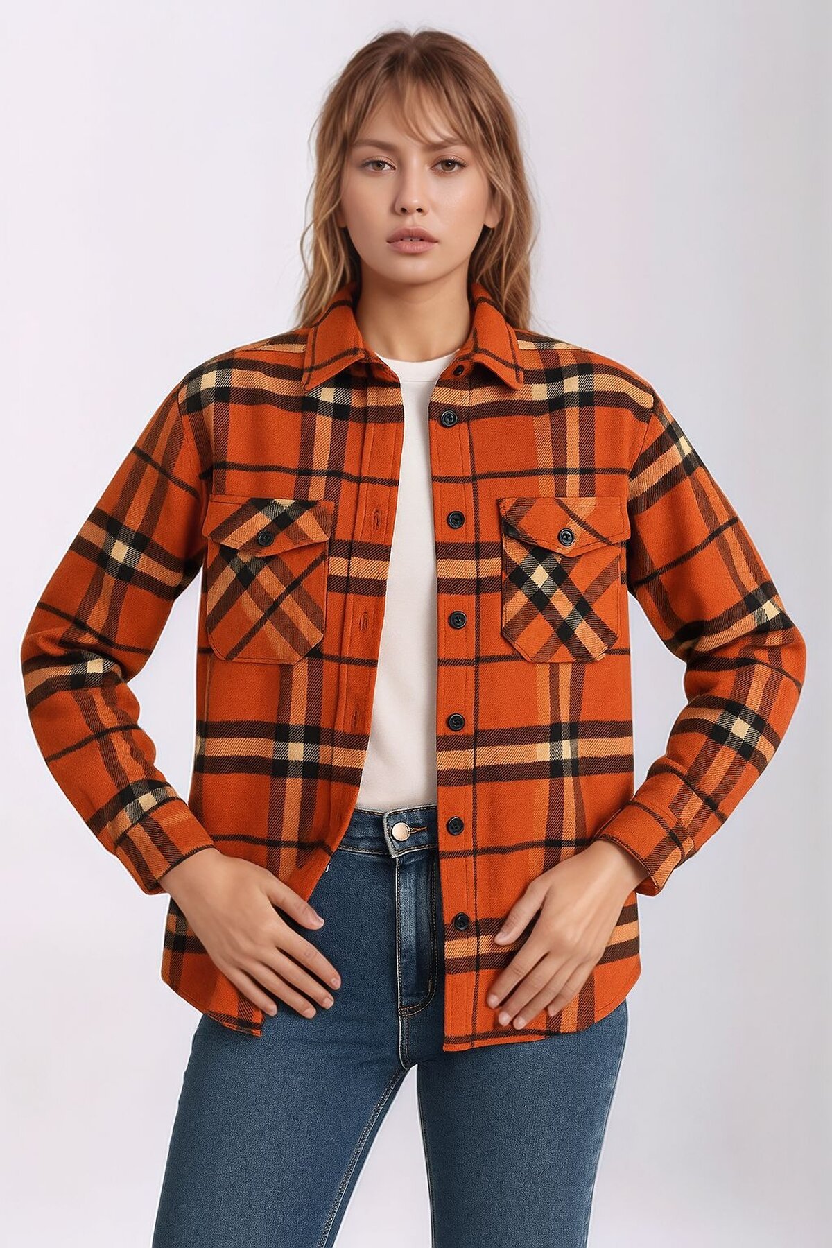 Kadın Desen Bloklu Oduncu Oversize Bol ve Geniş Kalıp Casual Cepli Yakalı Ceket Gömlek