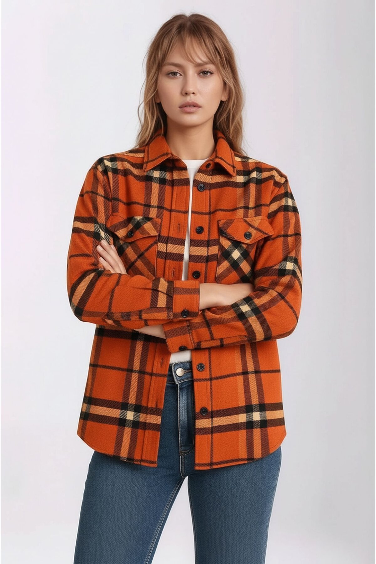 Kadın Desen Bloklu Oduncu Oversize Bol ve Geniş Kalıp Casual Cepli Yakalı Ceket Gömlek