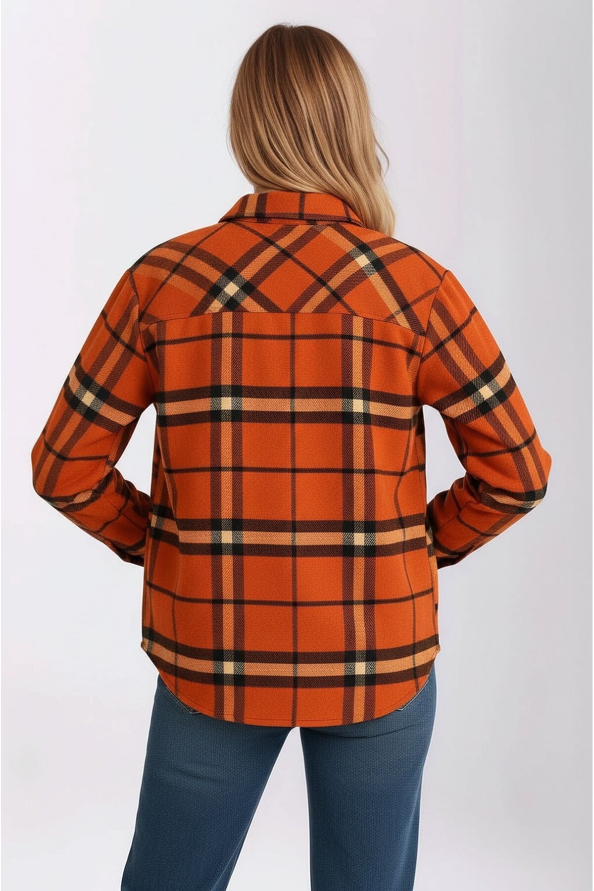 Kadın Desen Bloklu Oduncu Oversize Bol ve Geniş Kalıp Casual Cepli Yakalı Ceket Gömlek