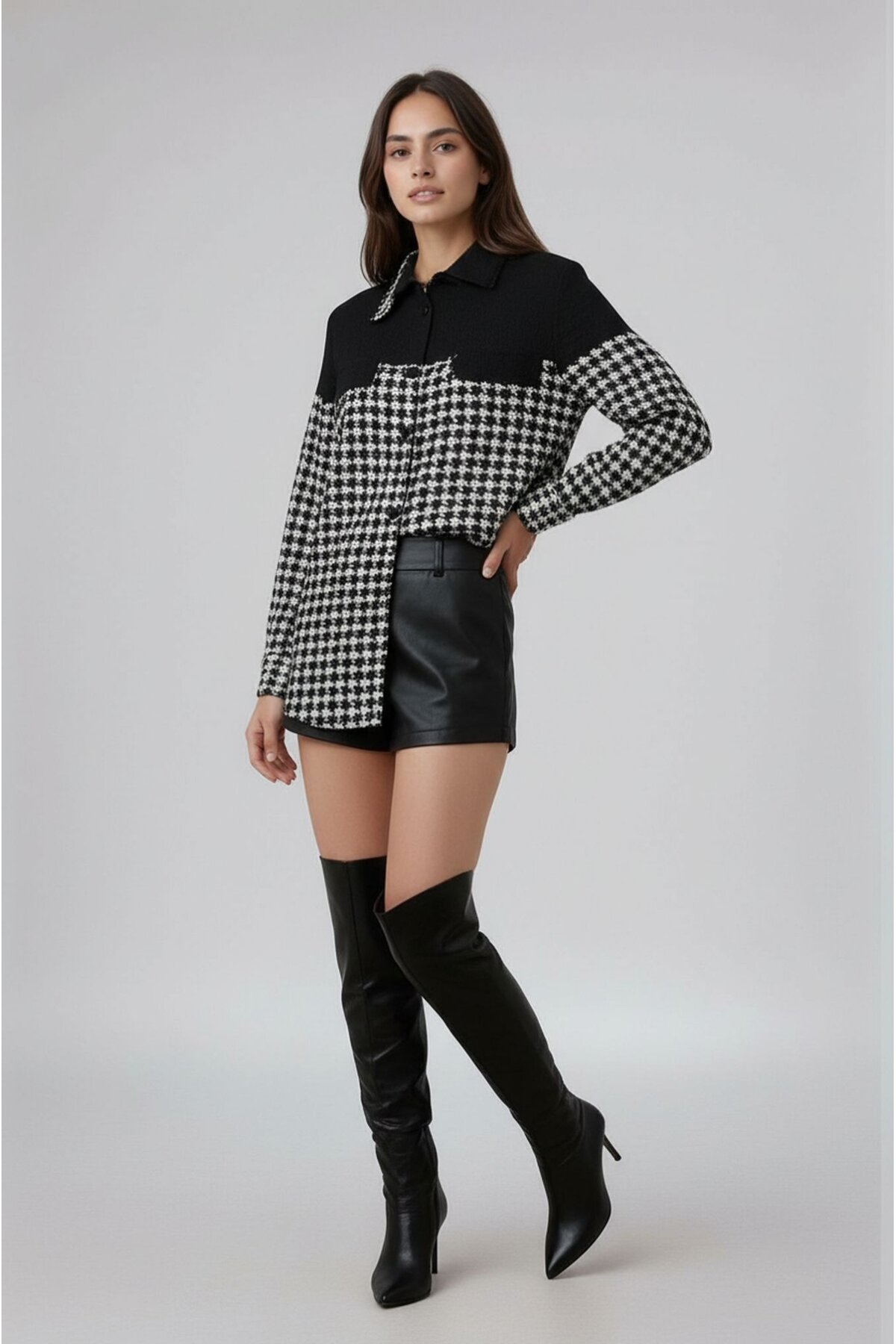 Kadın Desen Bloklu Oduncu Oversize Bol ve Geniş Kalıp Casual Cepli Yakalı Ceket Gömlek