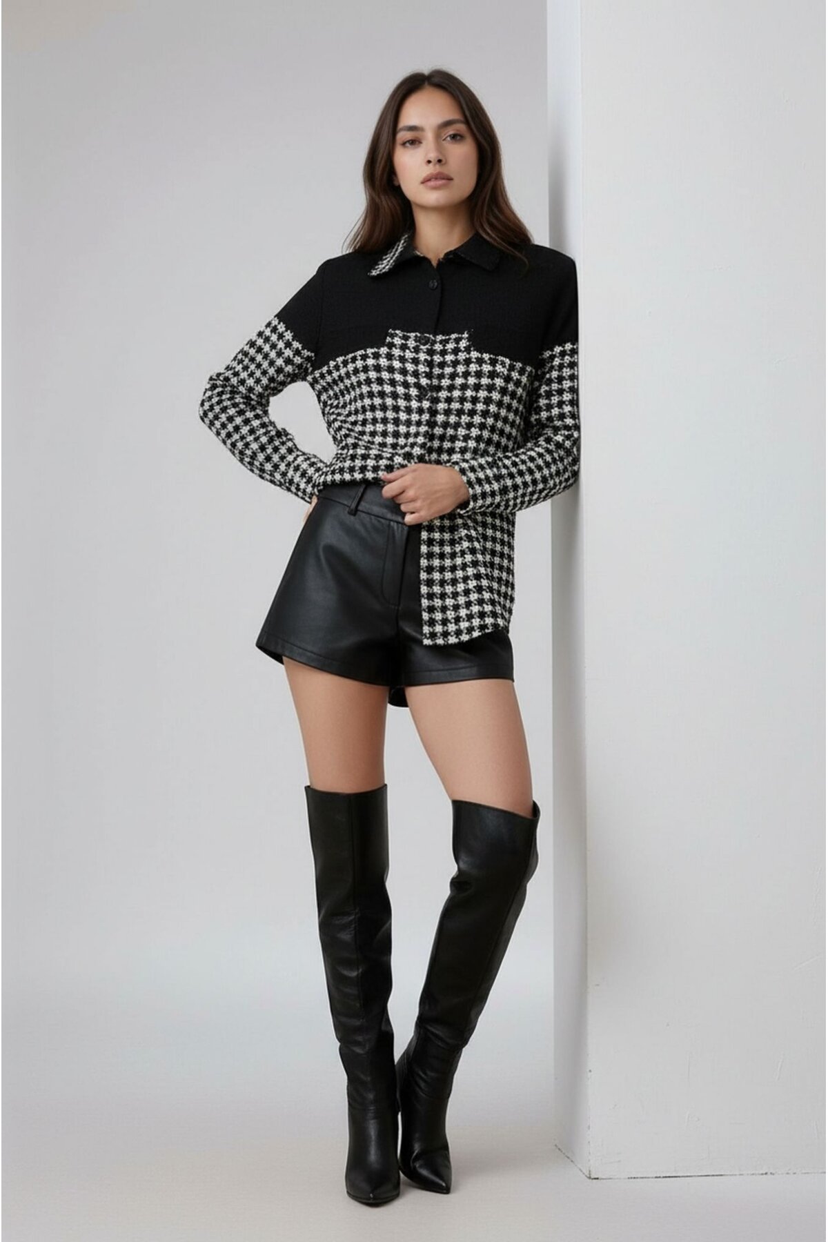 Kadın Desen Bloklu Oduncu Oversize Bol ve Geniş Kalıp Casual Cepli Yakalı Ceket Gömlek