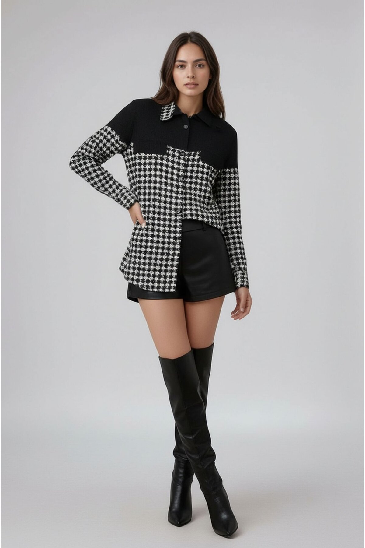 Kadın Desen Bloklu Oduncu Oversize Bol ve Geniş Kalıp Casual Cepli Yakalı Ceket Gömlek