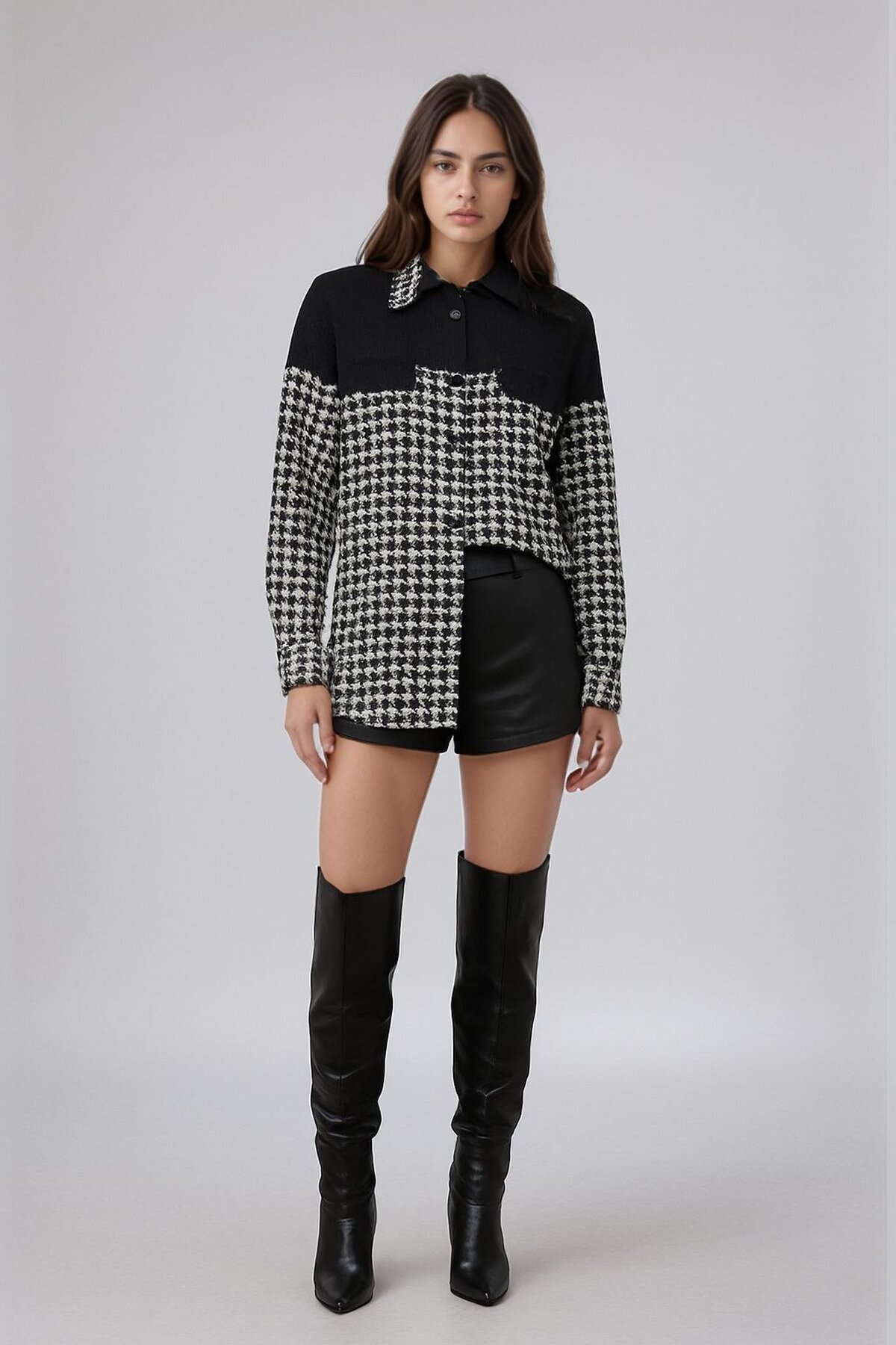 Kadın Desen Bloklu Oduncu Oversize Bol ve Geniş Kalıp Casual Cepli Yakalı Ceket Gömlek