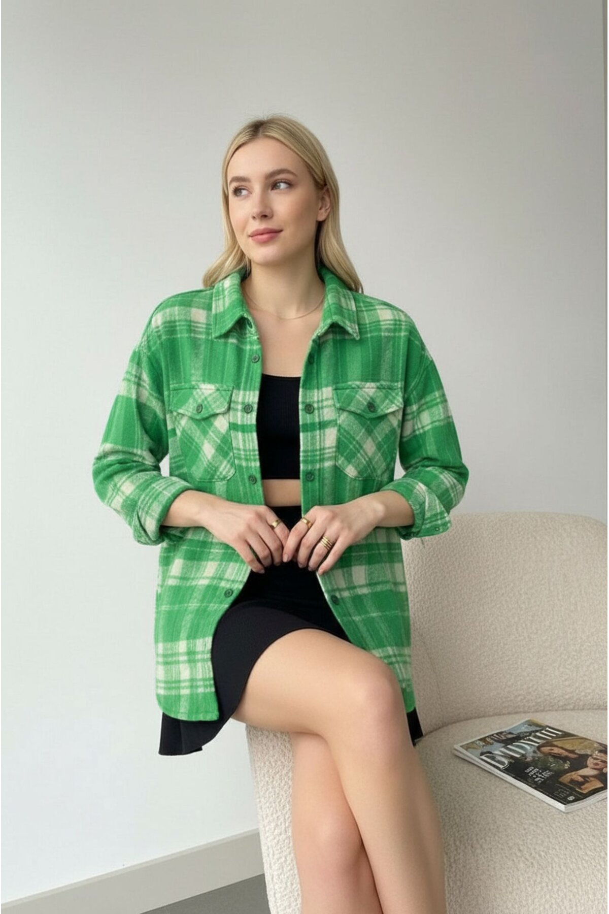 Kadın Desen Bloklu Oduncu Oversize Bol ve Geniş Kalıp Casual Cepli Yakalı Ceket Gömlek