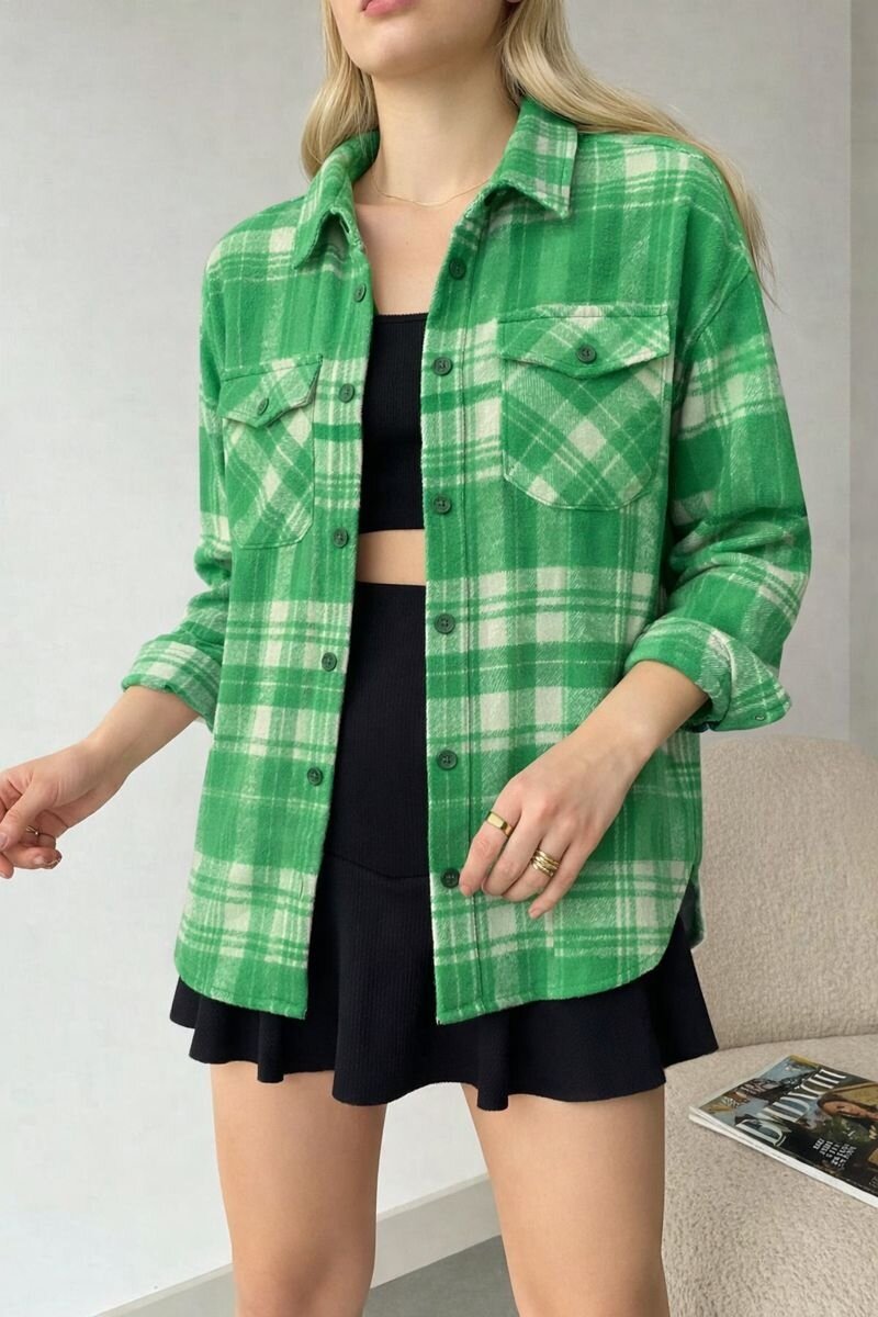 Kadın Desen Bloklu Oduncu Oversize Bol ve Geniş Kalıp Casual Cepli Yakalı Ceket Gömlek