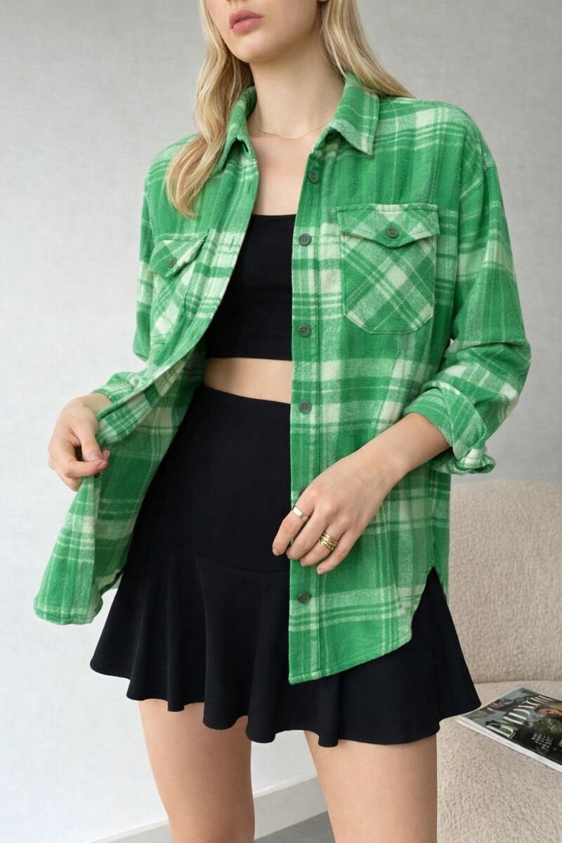 Kadın Desen Bloklu Oduncu Oversize Bol ve Geniş Kalıp Casual Cepli Yakalı Ceket Gömlek