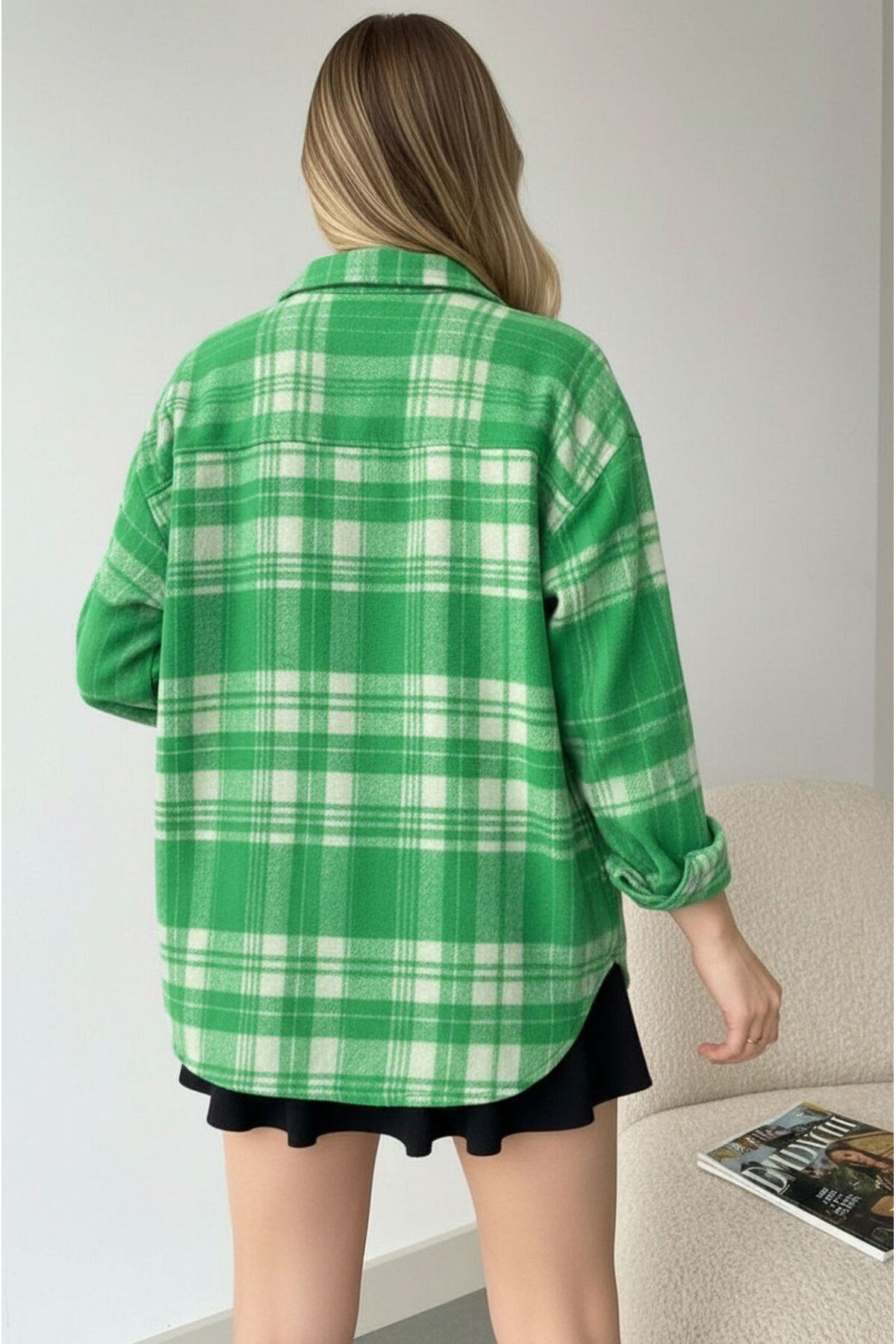 Kadın Desen Bloklu Oduncu Oversize Bol ve Geniş Kalıp Casual Cepli Yakalı Ceket Gömlek