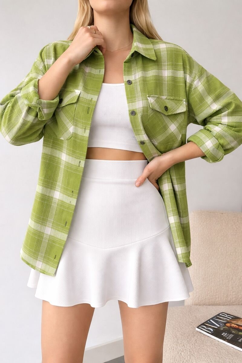 Kadın Desen Bloklu Oduncu Oversize Bol ve Geniş Kalıp Casual Cepli Yakalı Ceket Gömlek