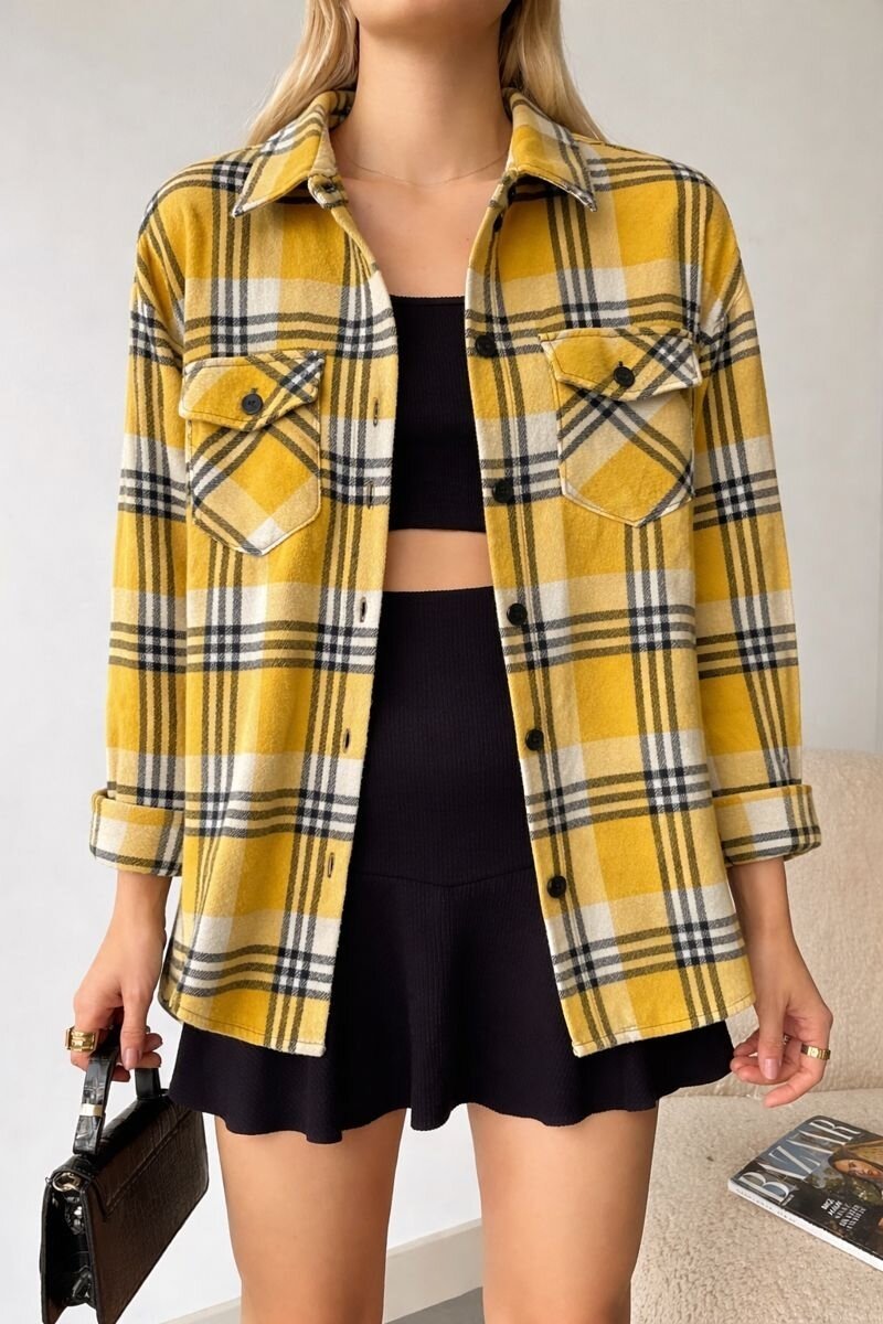 Kadın Desen Bloklu Oduncu Oversize Bol ve Geniş Kalıp Casual Cepli Yakalı Ceket Gömlek