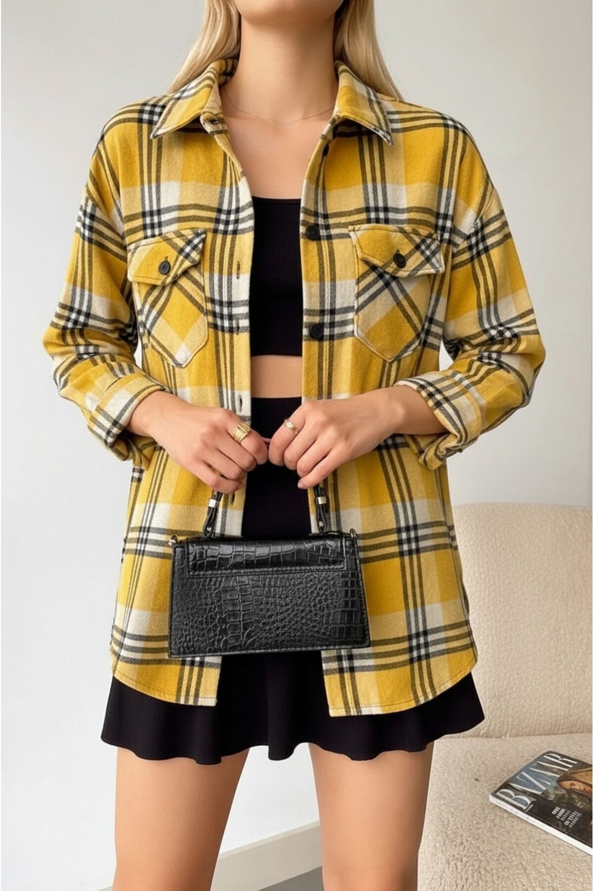 Kadın Desen Bloklu Oduncu Oversize Bol ve Geniş Kalıp Casual Cepli Yakalı Ceket Gömlek