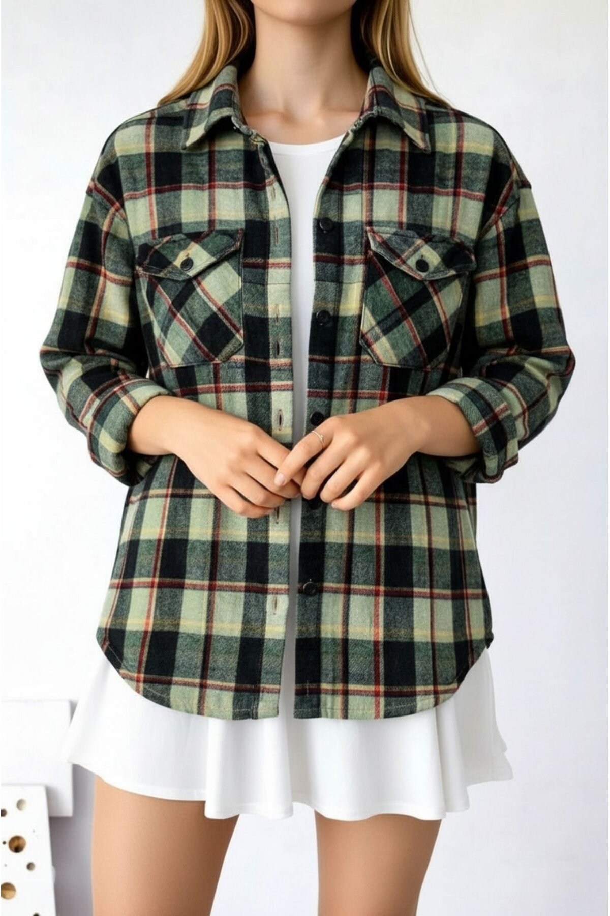 Kadın Desen Bloklu Oduncu Oversize Bol ve Geniş Kalıp Casual Cepli Yakalı Ceket Gömlek