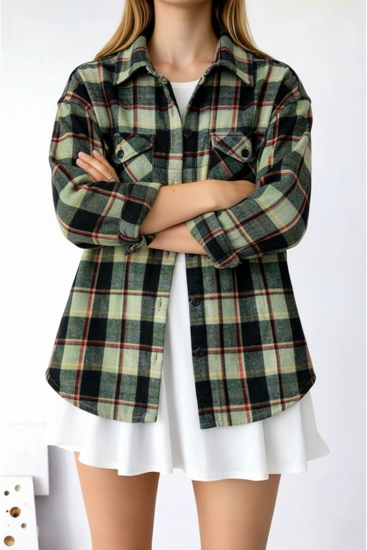 Kadın Desen Bloklu Oduncu Oversize Bol ve Geniş Kalıp Casual Cepli Yakalı Ceket Gömlek