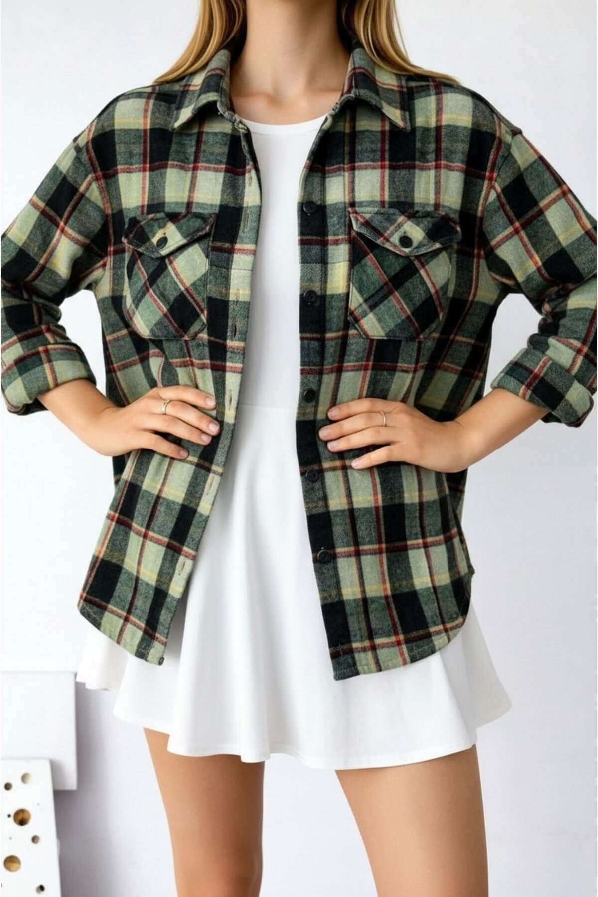 Kadın Desen Bloklu Oduncu Oversize Bol ve Geniş Kalıp Casual Cepli Yakalı Ceket Gömlek