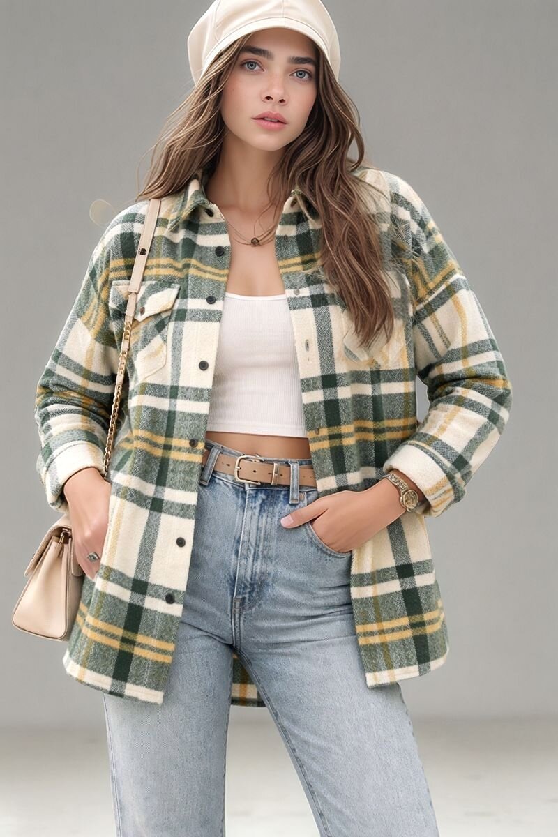 Kadın Desen Bloklu Oduncu Oversize Bol ve Geniş Kalıp Casual Cepli Yakalı Ceket Gömlek