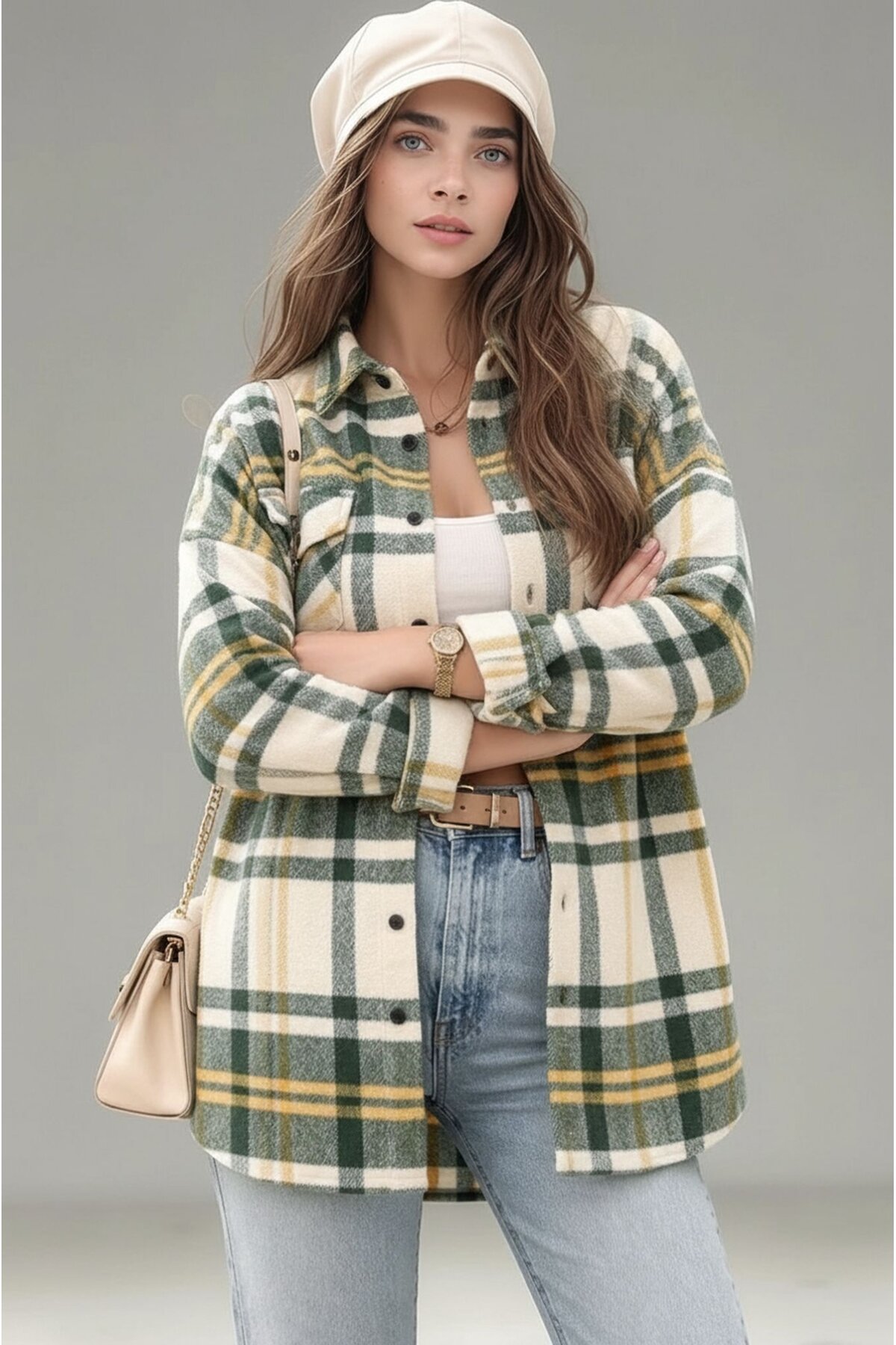 Kadın Desen Bloklu Oduncu Oversize Bol ve Geniş Kalıp Casual Cepli Yakalı Ceket Gömlek