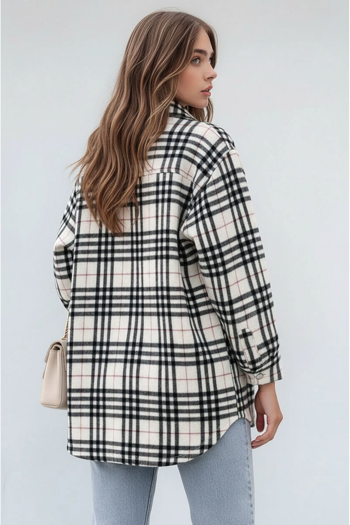 Kadın Desen Bloklu Oduncu Oversize Bol ve Geniş Kalıp Casual Cepli Yakalı Ceket Gömlek