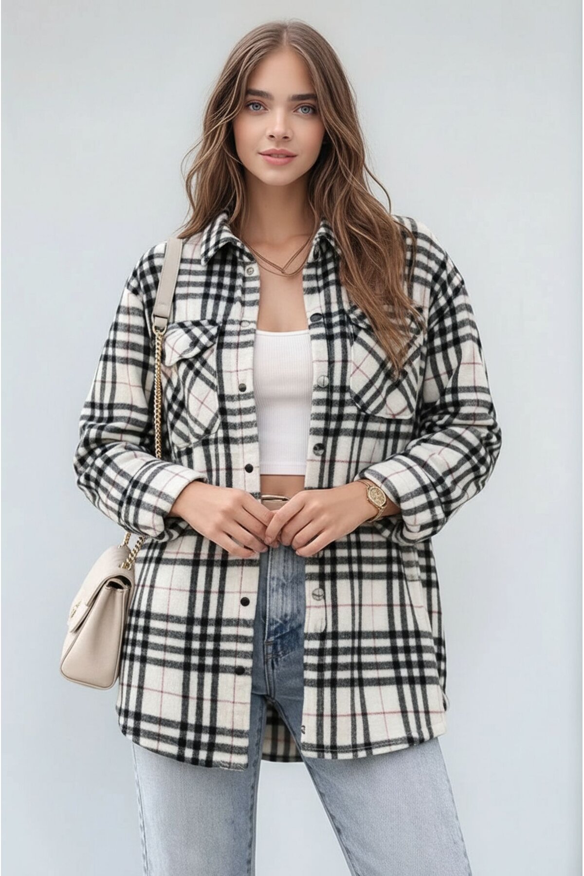 Kadın Desen Bloklu Oduncu Oversize Bol ve Geniş Kalıp Casual Cepli Yakalı Ceket Gömlek